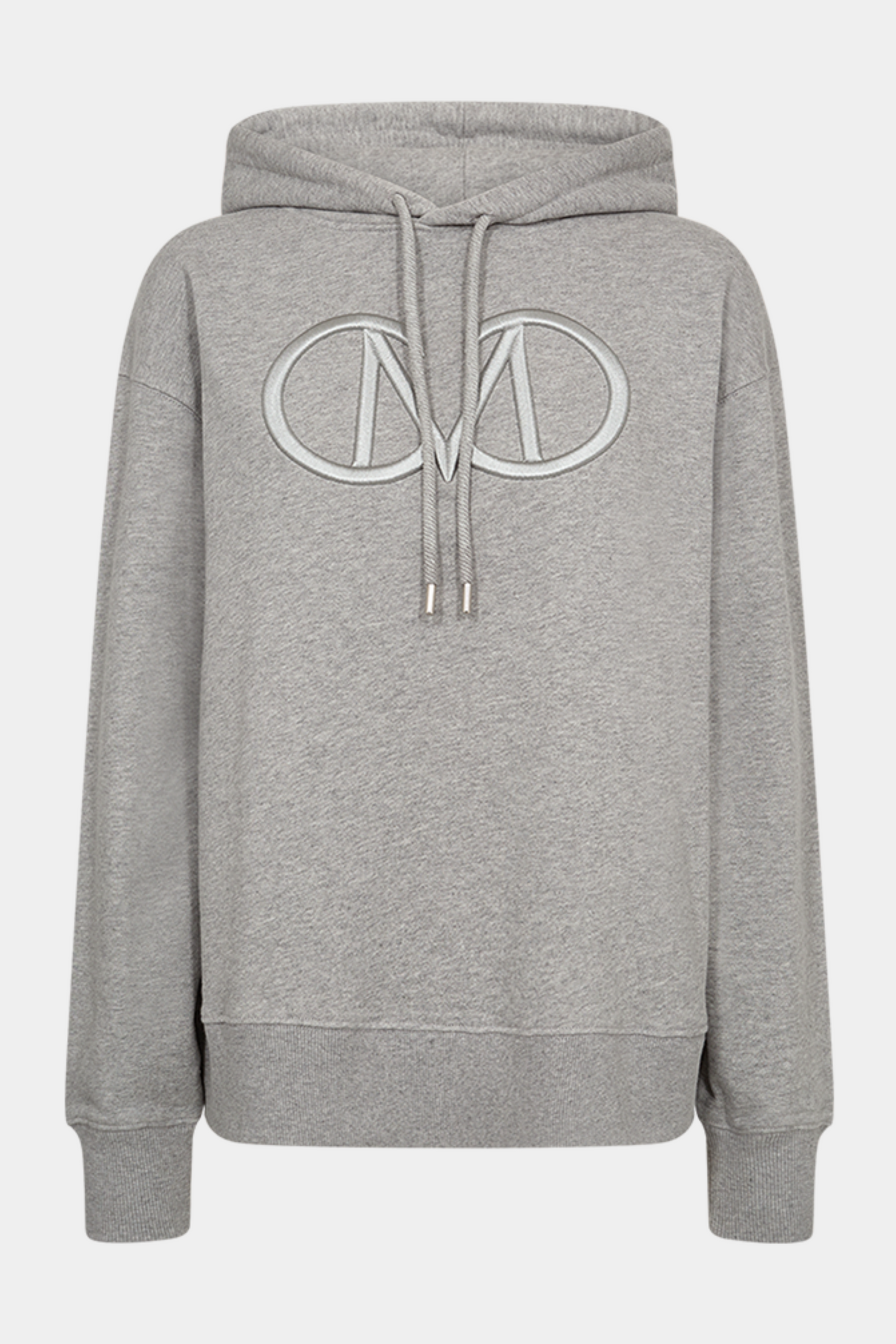 Fin, smuk, elegant, klassisk, staple, feminin, pæn, rå, cool, sej, unik, musthave, hverdag, fest, kvinde, dame, woman, sweat, sweatshirt, logo, broderet, langærmet, løs, loose, oversized, oversize, hætte, hoodie, snøre, grå, gråmeleret, melange