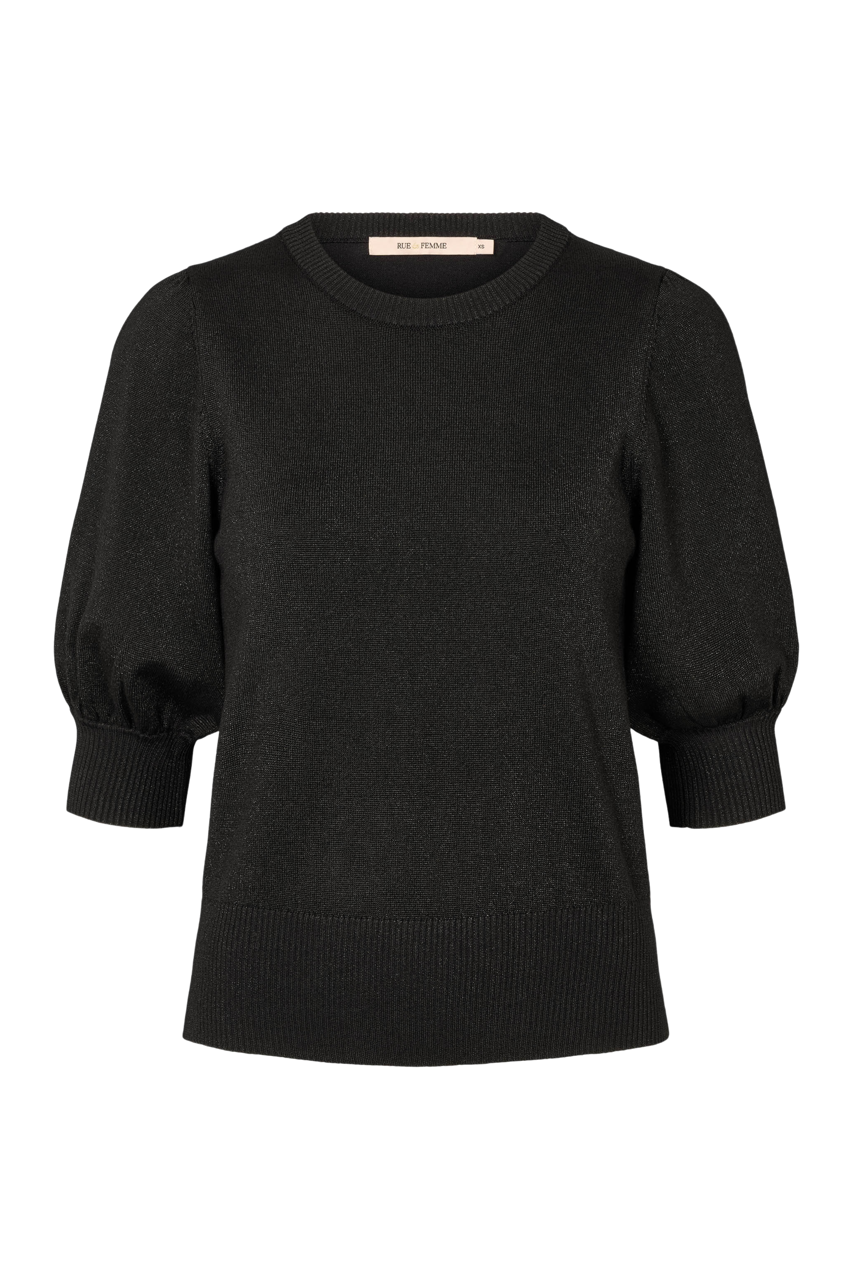 Fin, smuk, elegant, klassisk, staple, feminin, pæn, rå, cool, sej, unik, musthave, hverdag, fest, kvinde, dame, woman, strik, knit, striktrøje, pullover, kortærmet, puf, pufærmer, rund hals, glimmer, glitter, tone i tone, sort, black, fest, party, enkel, klassisk, classic, diskret