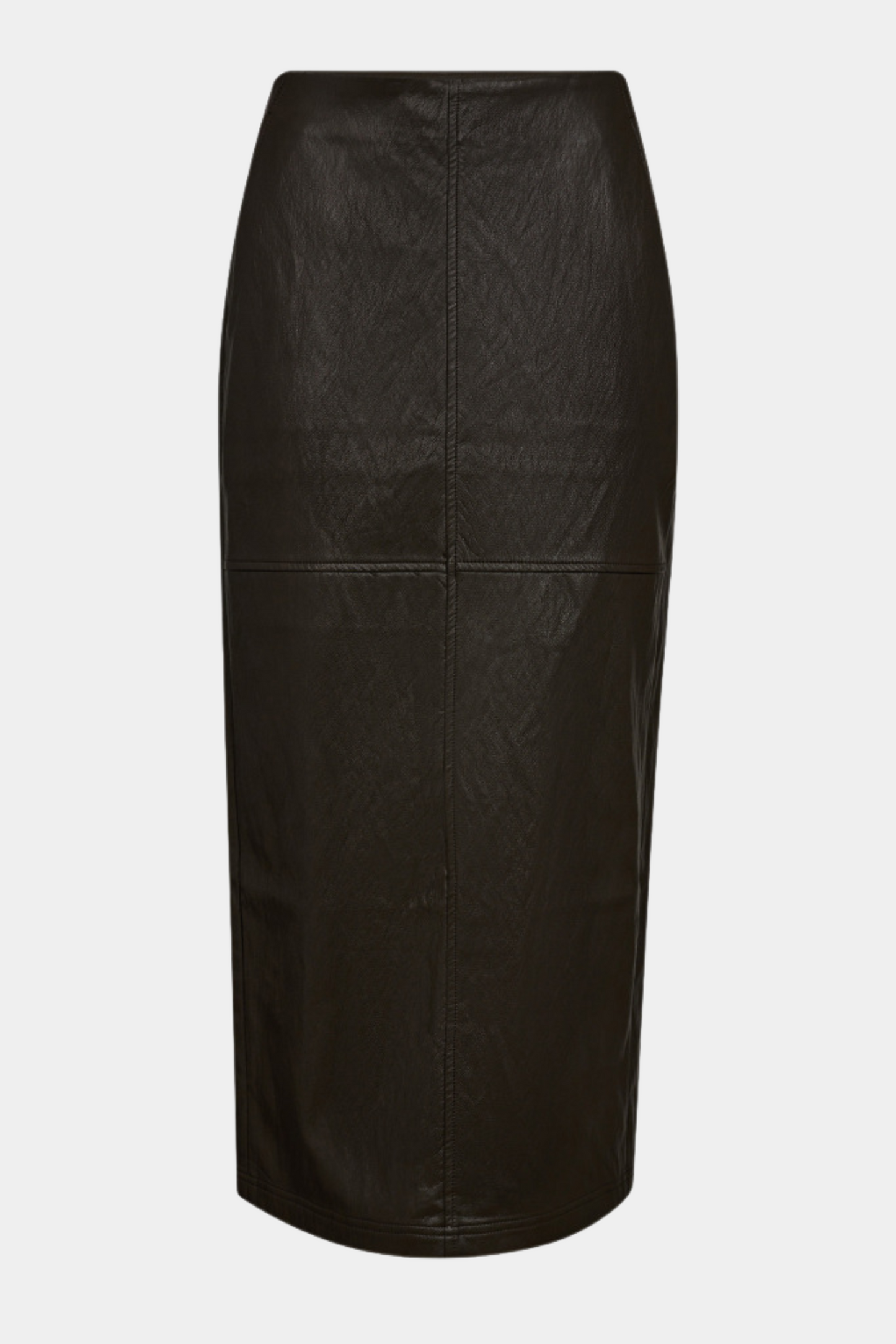 Fin, smuk, elegant, klassisk, staple, feminin, pæn, rå, cool, sej, unik, musthave, hverdag, fest, kvinde, dame, woman, nederdel, skirt, pencil, pencilskirt, lang, midi, stram, tætsiddende, tight, slim, elastik, stretch, stretchy, blød, soft, PU, faux, læder, leather, skind, brun, brown, mørkebrun