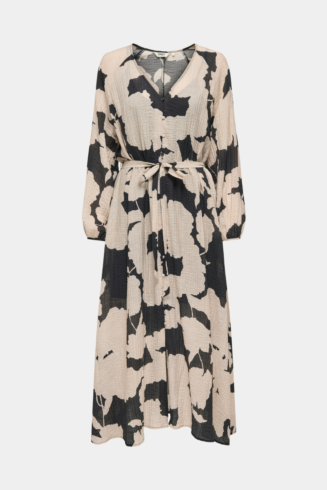 kjole, dress, lang, print, sort, beige, black, langærmet, longsleeve, bindebånd, knapper, Fin, smuk, elegant, klassisk, staple, feminin, pæn, rå, cool, sej, unik, musthave, hverdag, fest, kvinde, dame, woman