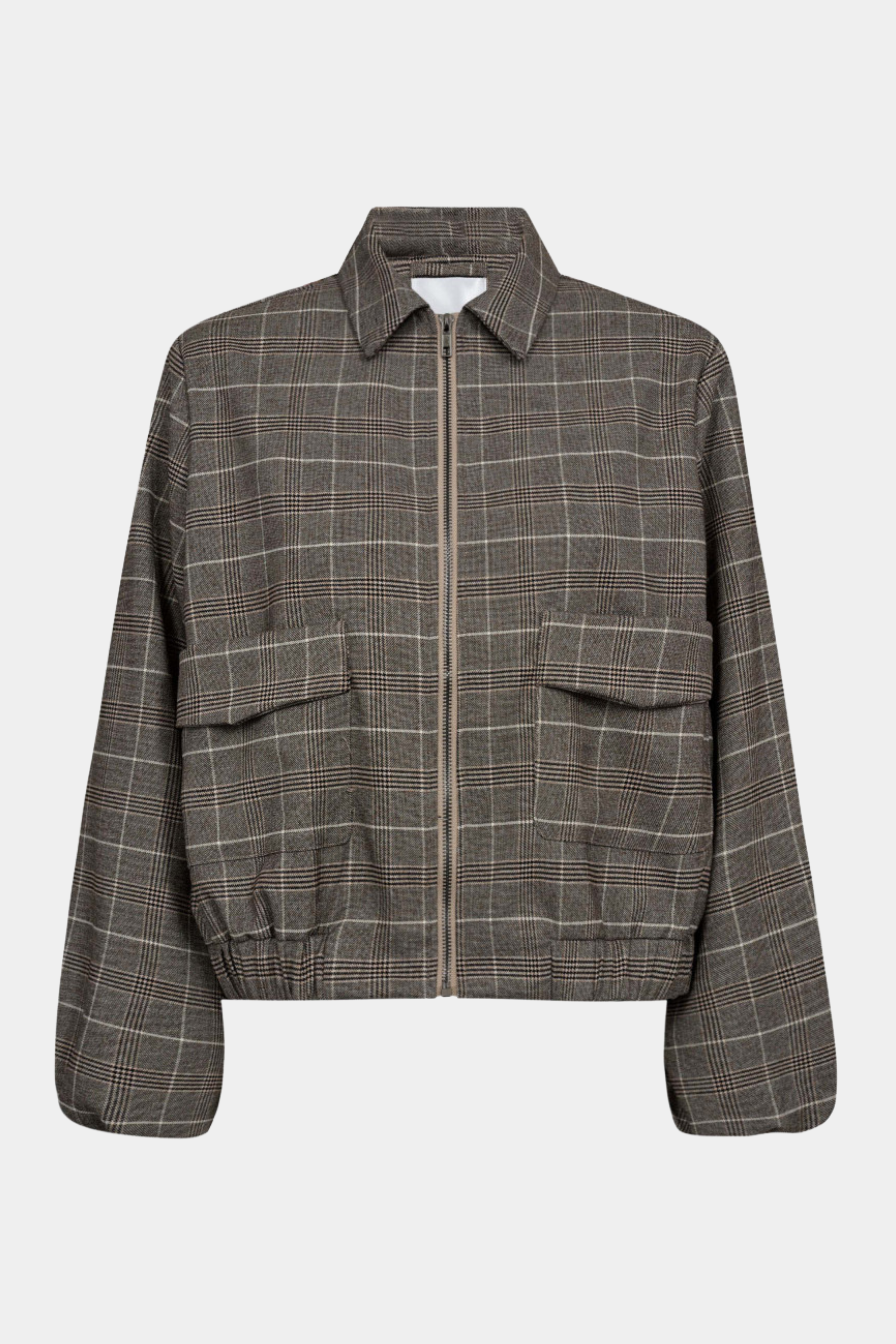 Fin, smuk, elegant, klassisk, staple, feminin, pæn, rå, cool, sej, unik, musthave, hverdag, fest, kvinde, dame, woman, jakke, overshirt, lommer, ballon, balloon, krave, tern, check, brun, beige, brown lynlås, sporty