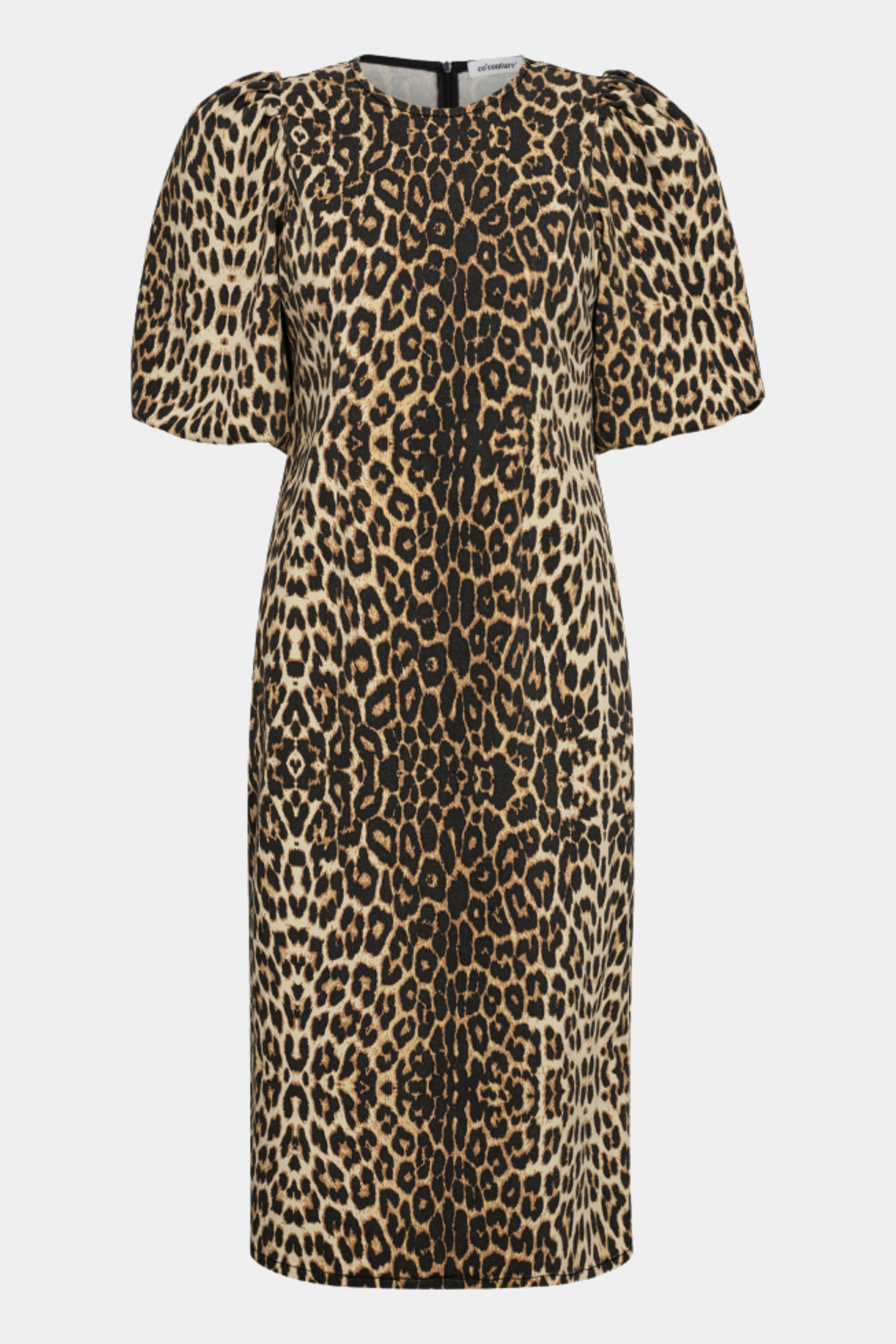 kjole, dress, midi, maxi, denim, leo, leopard, animal, dyreprint, khaki, brun, purærmer, tætsiddende, elegant, fin, feminin, fest, festkjole, kvinde, dame, woman
