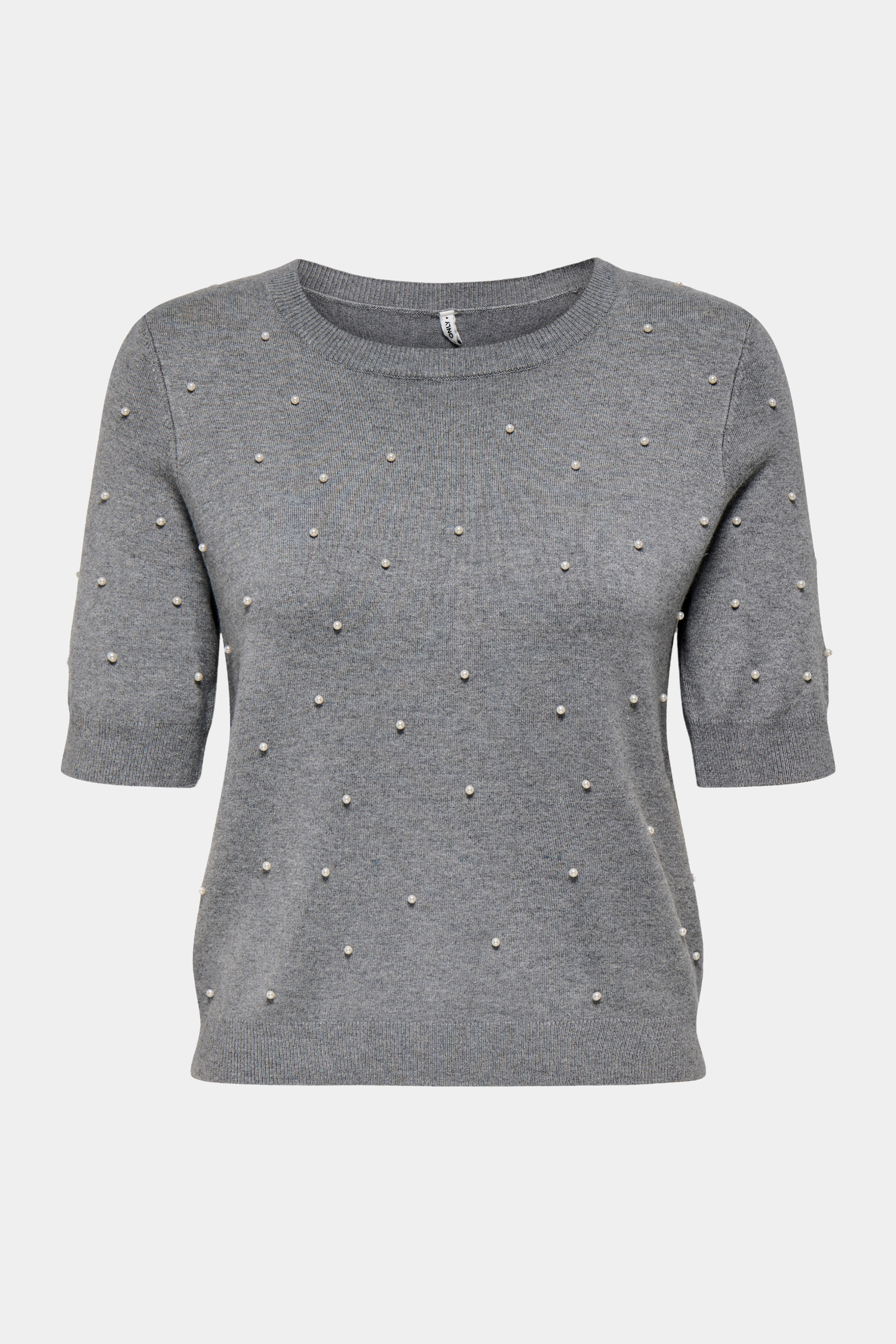 Fin, smuk, elegant, klassisk, staple, feminin, pæn, rå, cool, sej, unik, musthave, hverdag, fest, kvinde, dame, woman, strik, knit, bluse, pullover, kortærmet, trøje, blød, soft, perler, pearls, embellished, grey, melange, meleret, lysegrå, let, sommerstrik kvinde, dame, woman