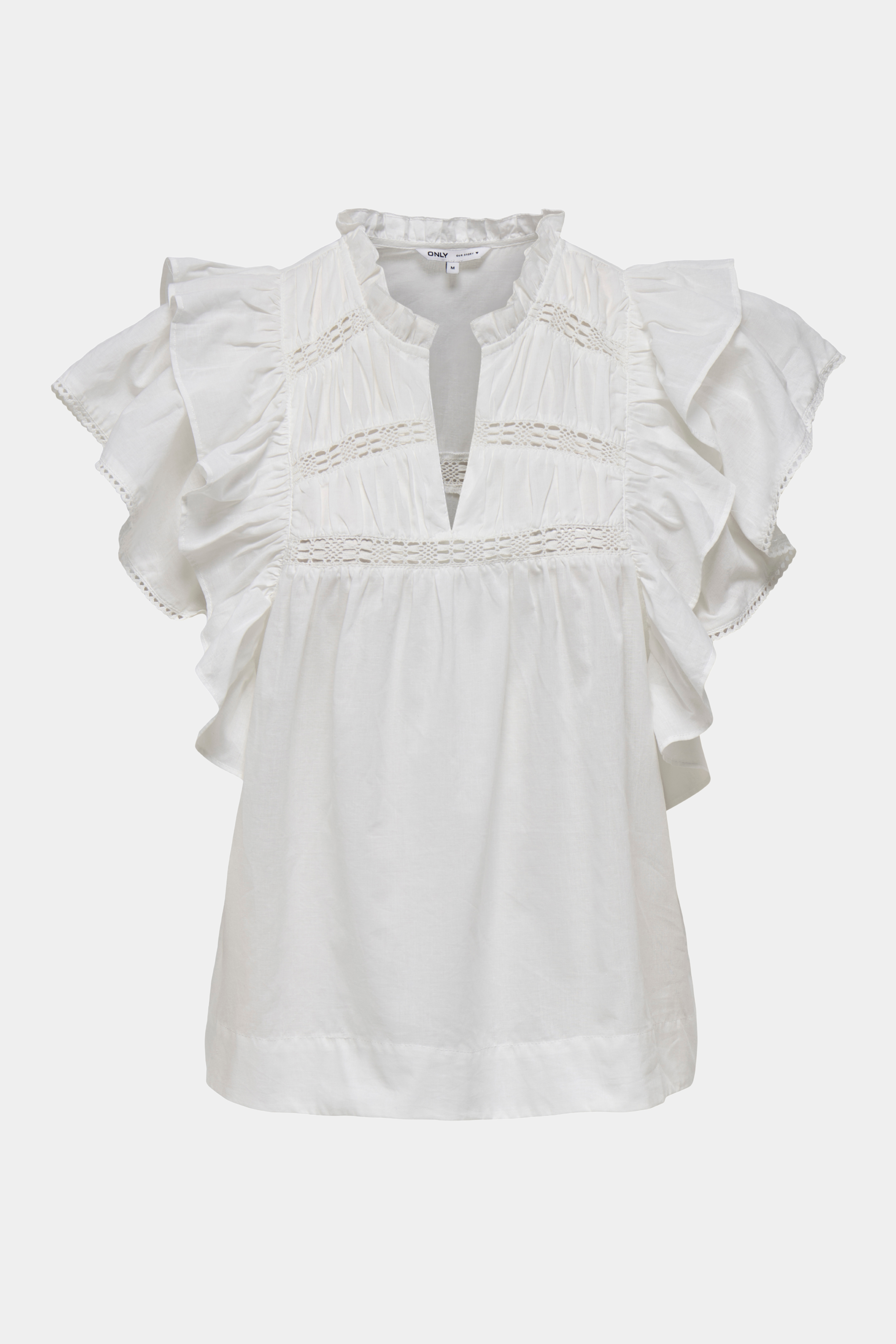 top, bluse, shirt, blouse, hvid, white, off white, råhvid, blonder, flæser, lace, løs, loose, hverdag, fin, fest, elegant, feminin, bomuld, cotton, kvinde, dame, woman