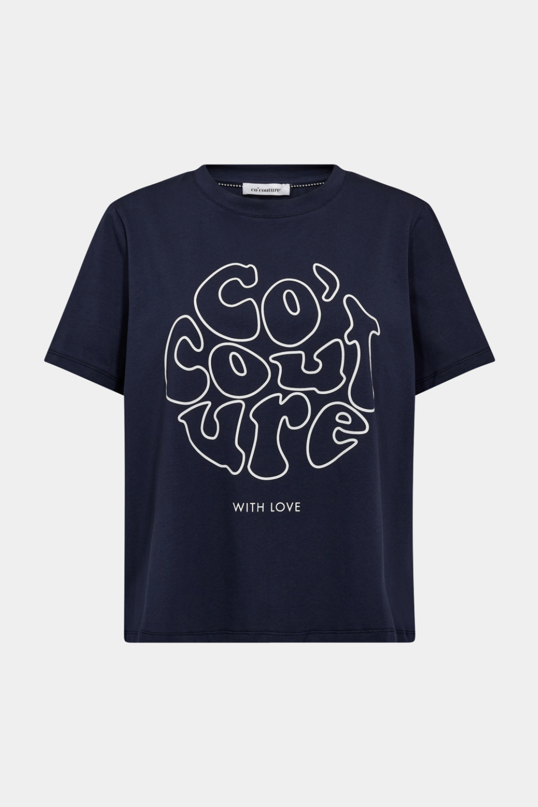 tee, t-shirt, bluse, overdel, navy, mørkeblå, print, tryk, logo, Fin, smuk, elegant, klassisk, feminin, pæn, rå, cool, sej, unik, musthave, hverdag, fest