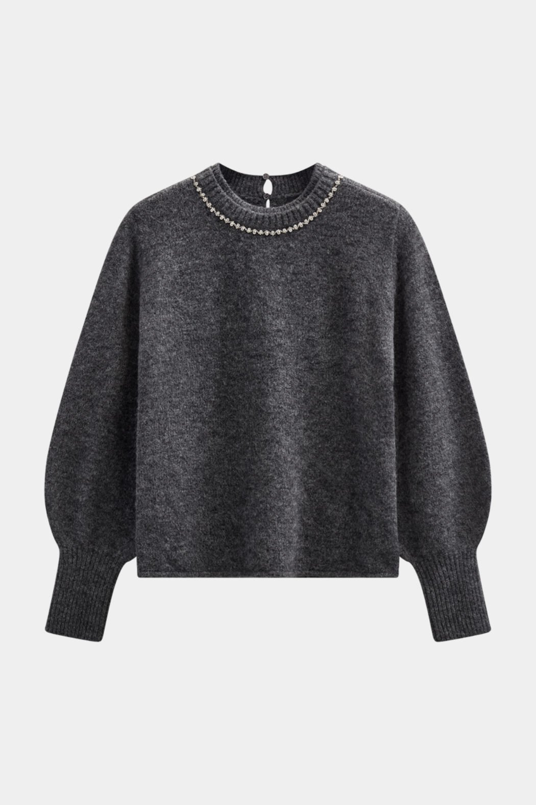 strik, knit, pullover, grå, grey, dark grey, mørkegrå, blød, sten, glimmer, glitter, rundhals, Fin, smuk, elegant, klassisk, staple, feminin, pæn, rå, cool, sej, unik, musthave, hverdag, fest, kvinde, dame, woman