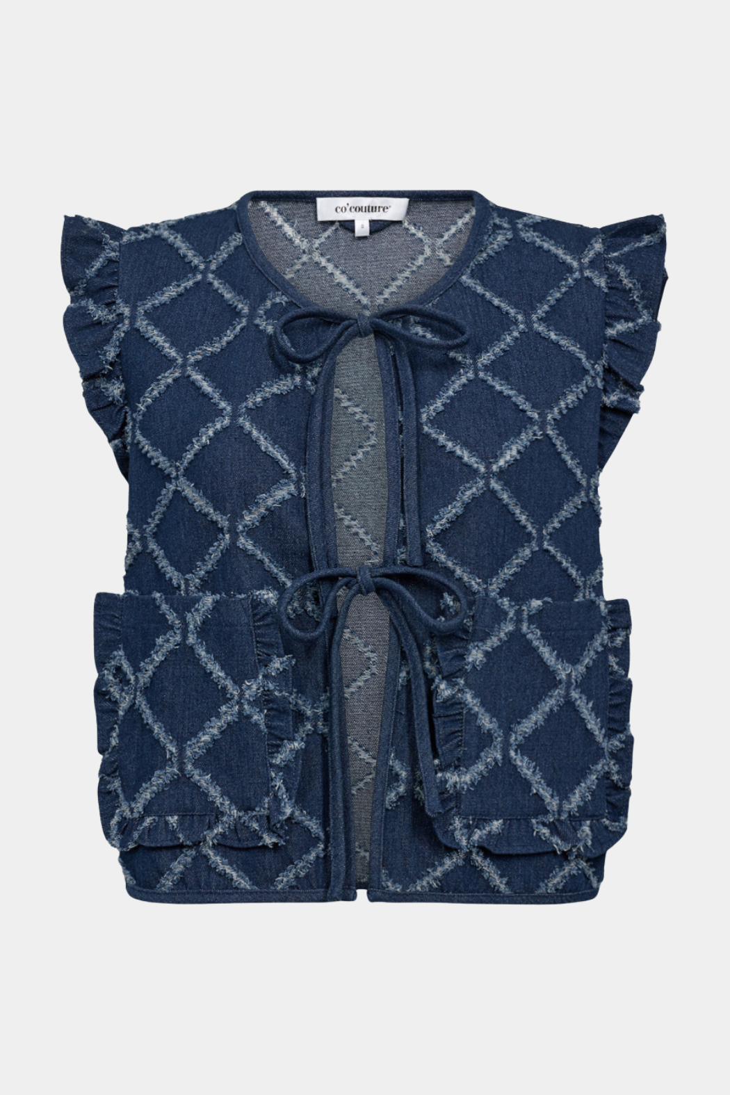 vest, denim, jeans, cowboy, blå, blue, tern, check, bindebånd, lommer, flæser, flæse, Fin, smuk, elegant, klassisk, feminin, pæn, rå, cool, sej, unik, musthave, hverdag, fest