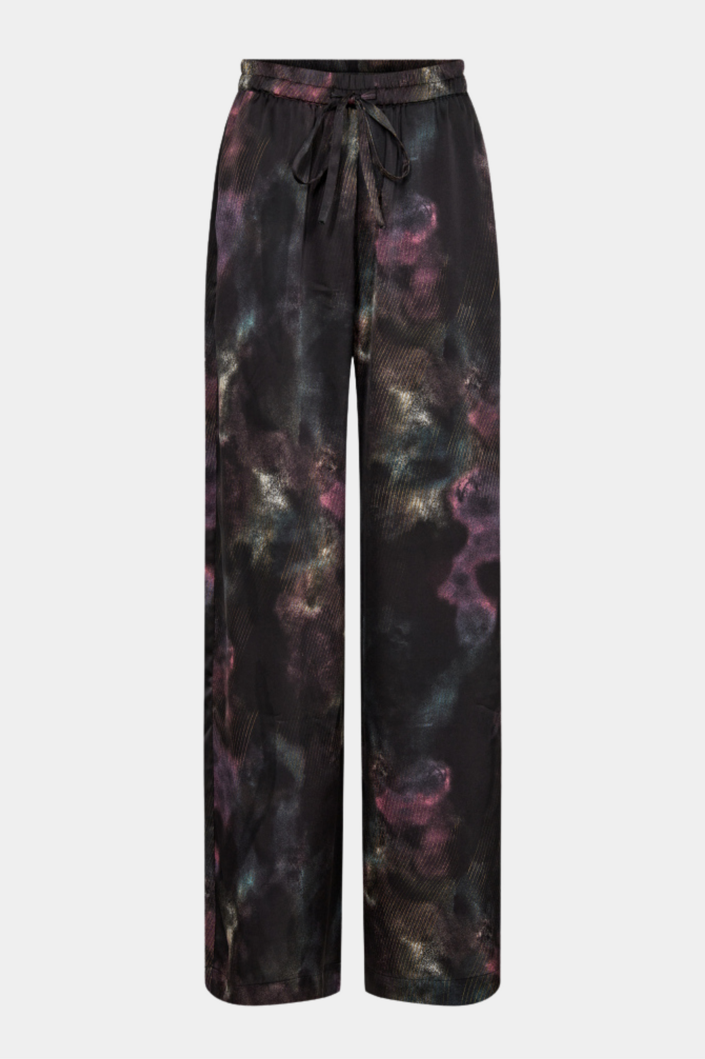 pant, buks, vid, vidde, silke, satin, viskose, blank, skinnende, print, watercolor, mørk, dark, elastik, bindebånd, snor, snøre, løs, loose, elegant, fin, feminin, let, hverdag, fest, kvinde, dame, woman