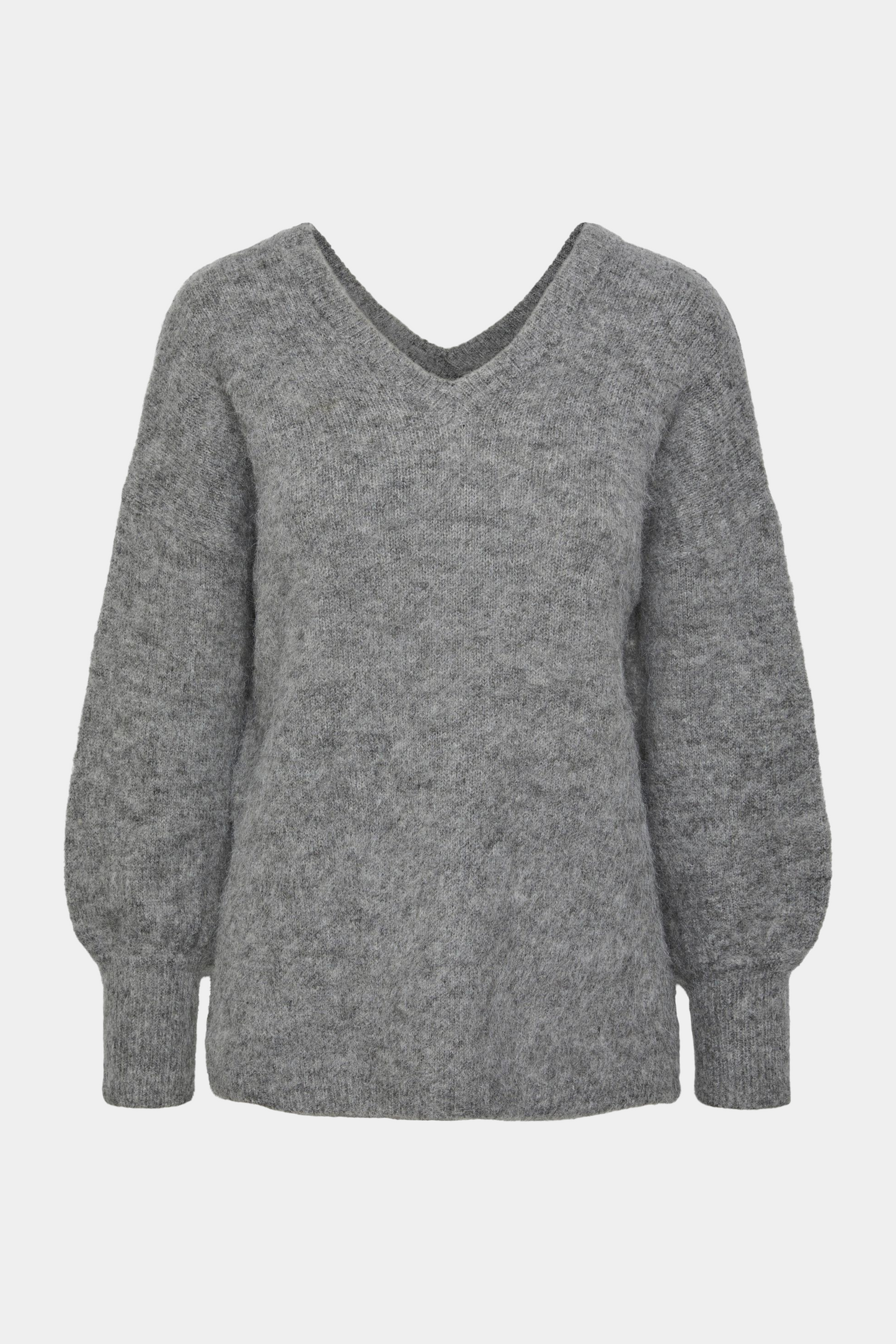 strik, knit, striktrøje, strikbluse, grå, grey, melange, meleret, v-hals, langærmet, blød, soft, warm, varm, kvinde, dame, woman, staple, klassisk