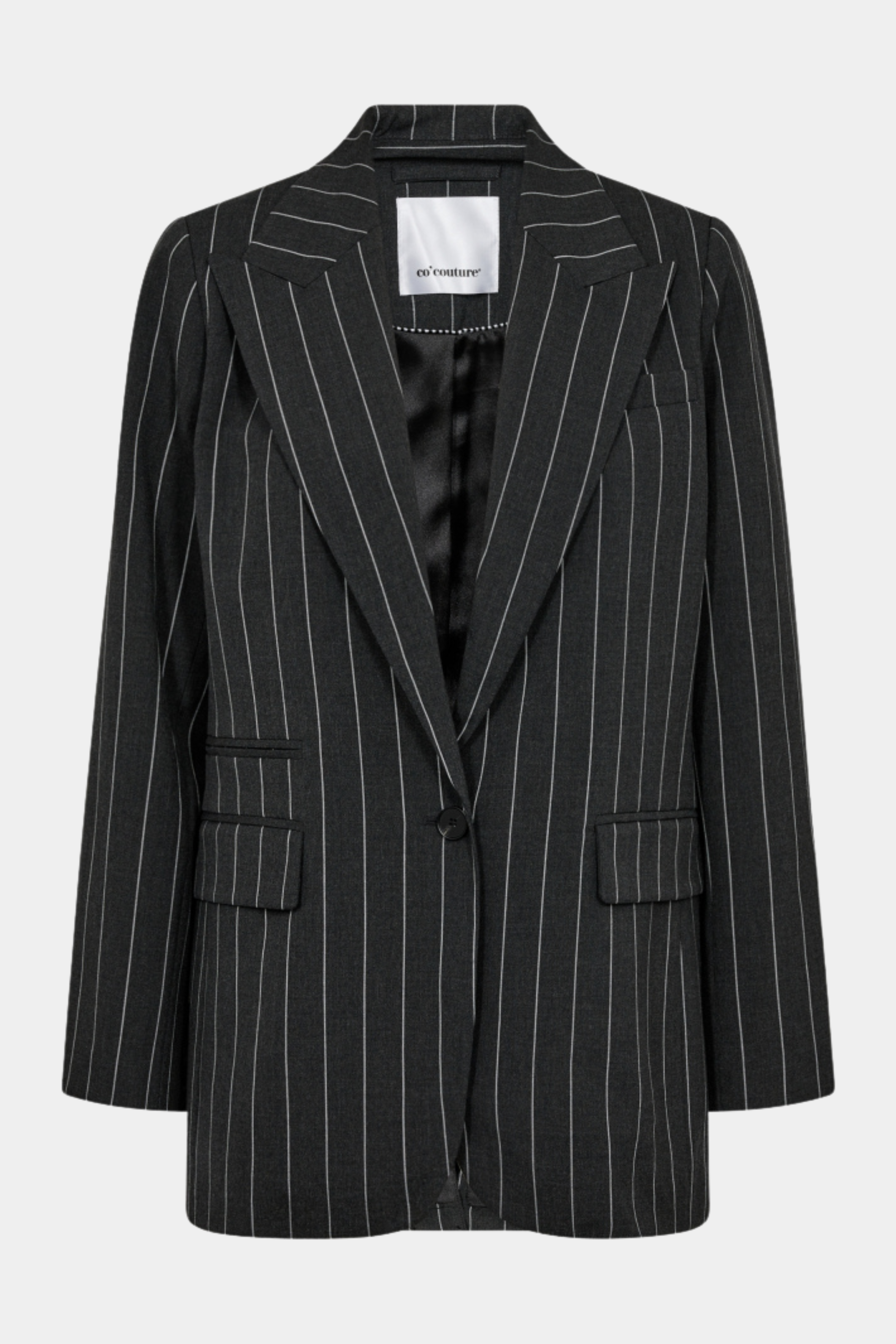 blazer, blazerjakke, habit, habitjakke, jakkesæt, mørkegrå, antracit, nålestrib, strib, stribet, striber, cool, loose, løs, oversize, boxy, boyfriend, business, arbejde, work, hverdag, fin, fest, elegant, kvinde, dame, woman