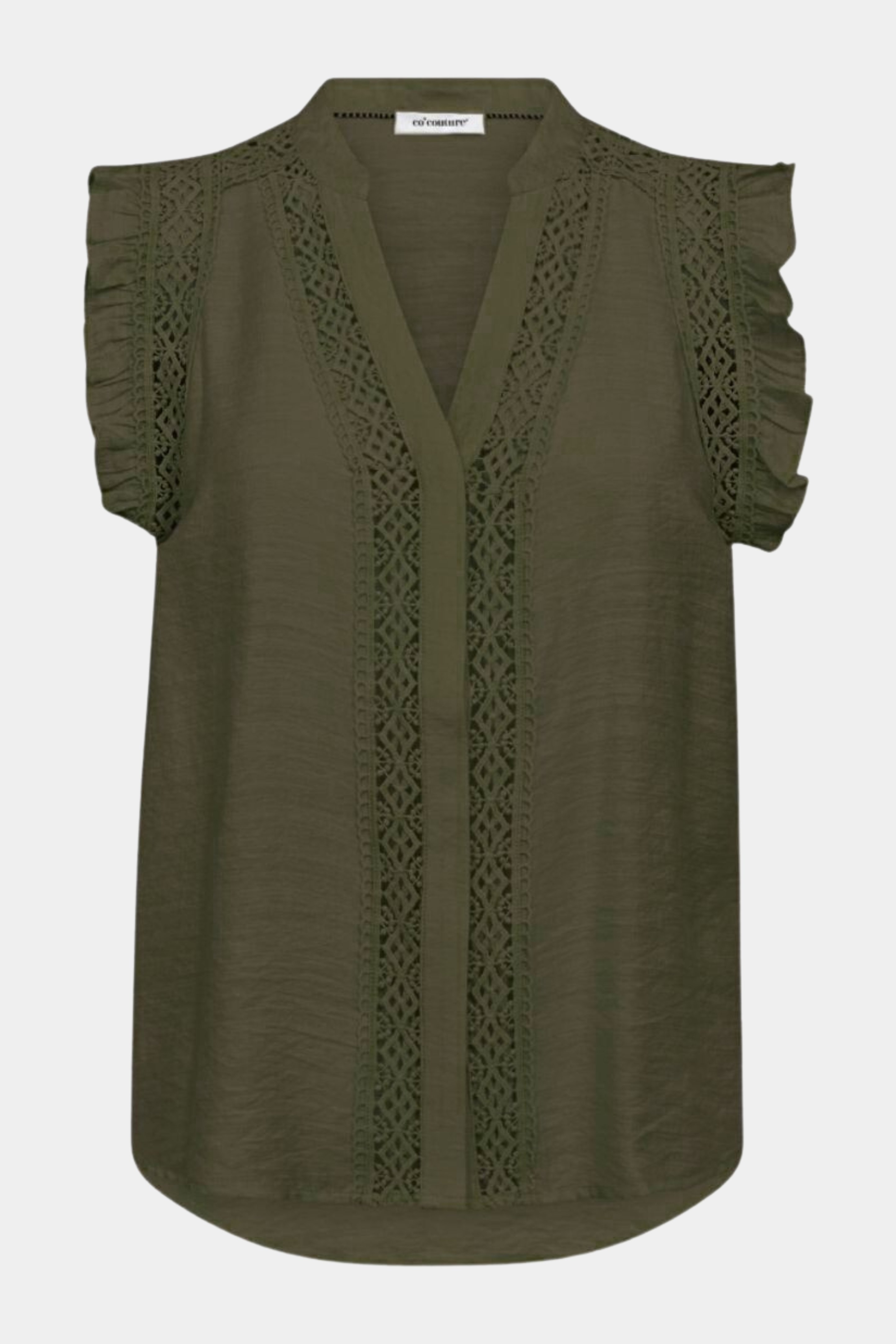 Fin, smuk, elegant, klassisk, staple, feminin, pæn, rå, cool, sej, unik, musthave, hverdag, fest, kvinde, dame, woman, top, bluse, blouse, råhvid, off white, creme, blonde, lace, flæse, v-hals, løs, loose, let, luftig