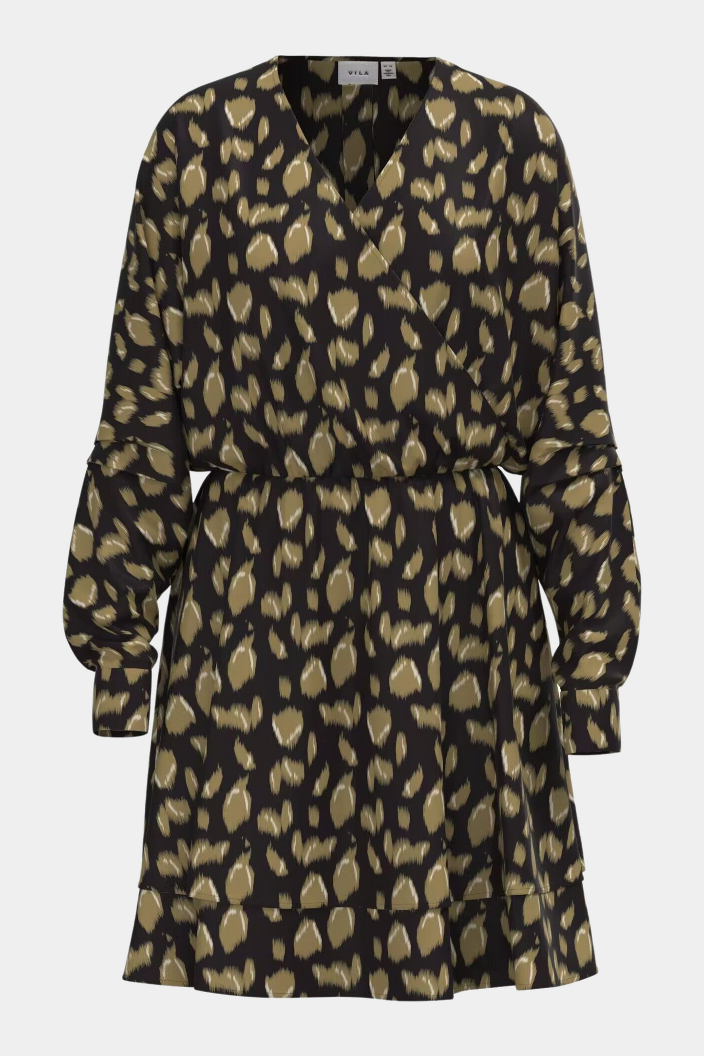kjole, dress, wrap, grøn, army, sort, print, satin, langærmet, elastik, talje, løs, loose, amme, ammevenlig, gravid, kvinde, dame, woman, fin, hverdag, fest