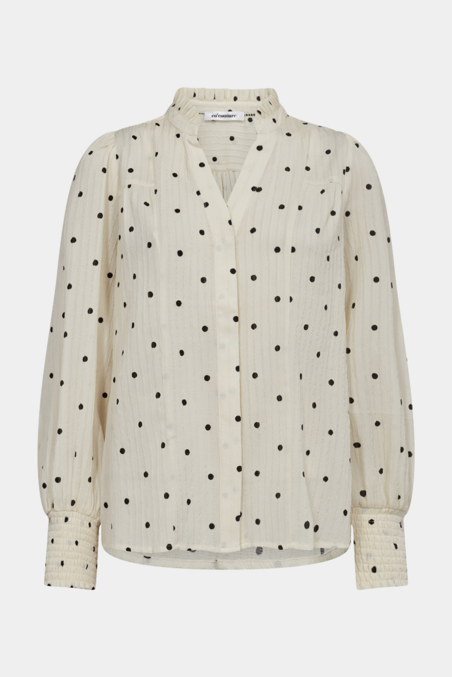 bluse, blouse, shirt, skjorte, skjortebluse, hvid, white, creme, råhvid, prikker, prik, dot, dots, langærmet, smock, struktur, sort, løs, loose, elegant, fin, feminin, hverdag, fest, kvinde, dame, woman