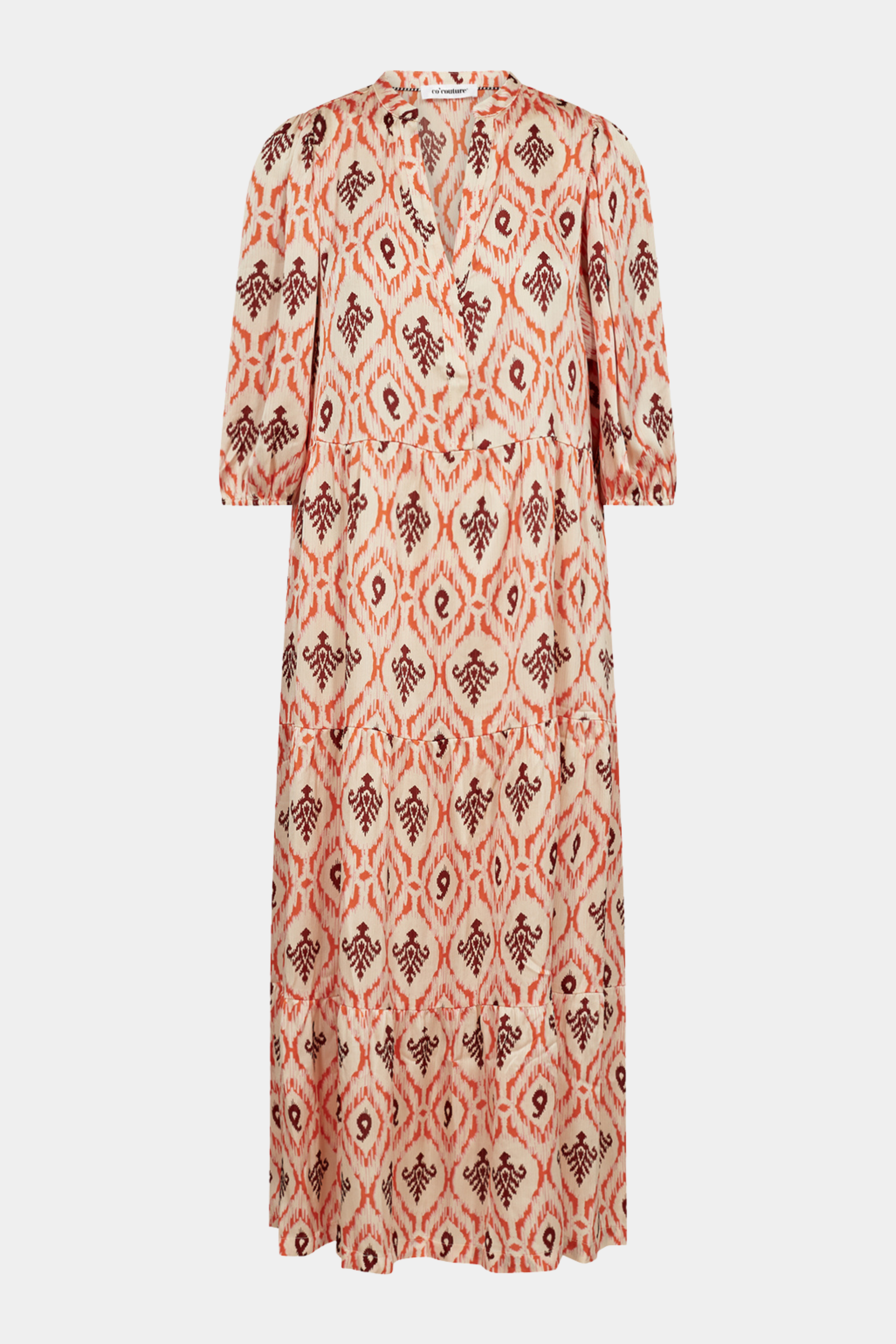 kjole, dress, maxi, maxikjole, maxidress, print, boheme, rød, orange, farver, color, kortærmet, løs, loose, elegant, fin, feminin, sommer, sommerkjole, let, hverdag, fest, kvinde, dame, woman