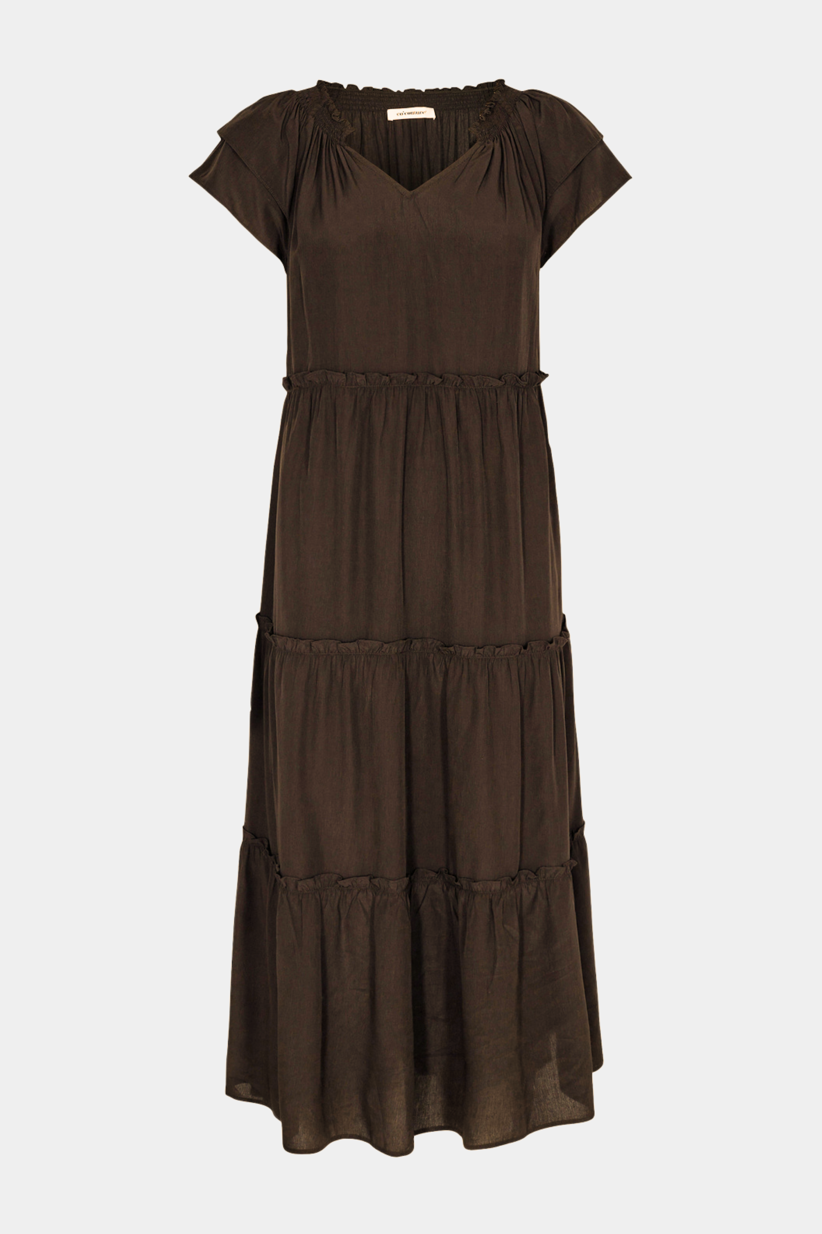 kjole, dress, maxi, maxikjole, maxidress, lang, long, løs, loose, let, luftig, viskose, viscose, brun, brown, mocca, kaffe, mørkebrun, dark brown, kortærmet, læg, skæring, lag, sommerkjole, elegant, fin, feminin, hverdag, fest, kvinde, dame, woman, strandkjole, feriekjole