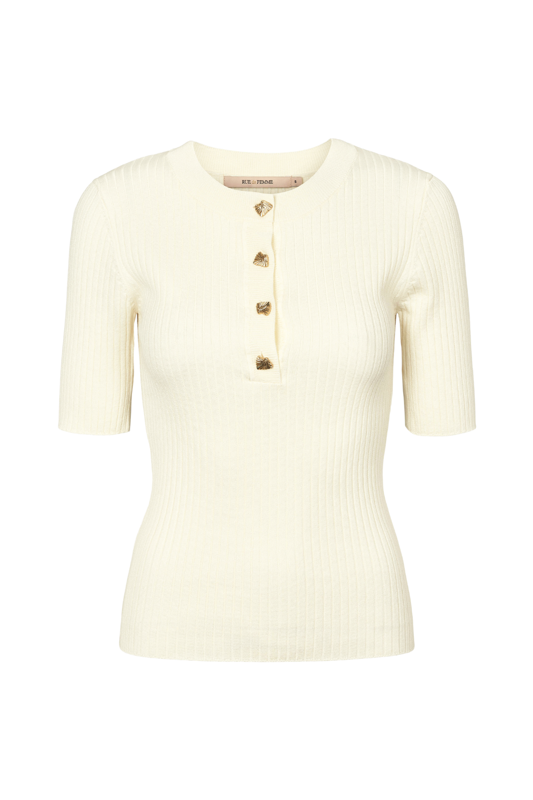strik, knit, bluse, overdel, rib, råhvid, offwhite, knapper, guld, tætsiddende, Fin, smuk, elegant, klassisk, feminin, pæn, rå, cool, sej, unik, musthave, hverdag, fest
