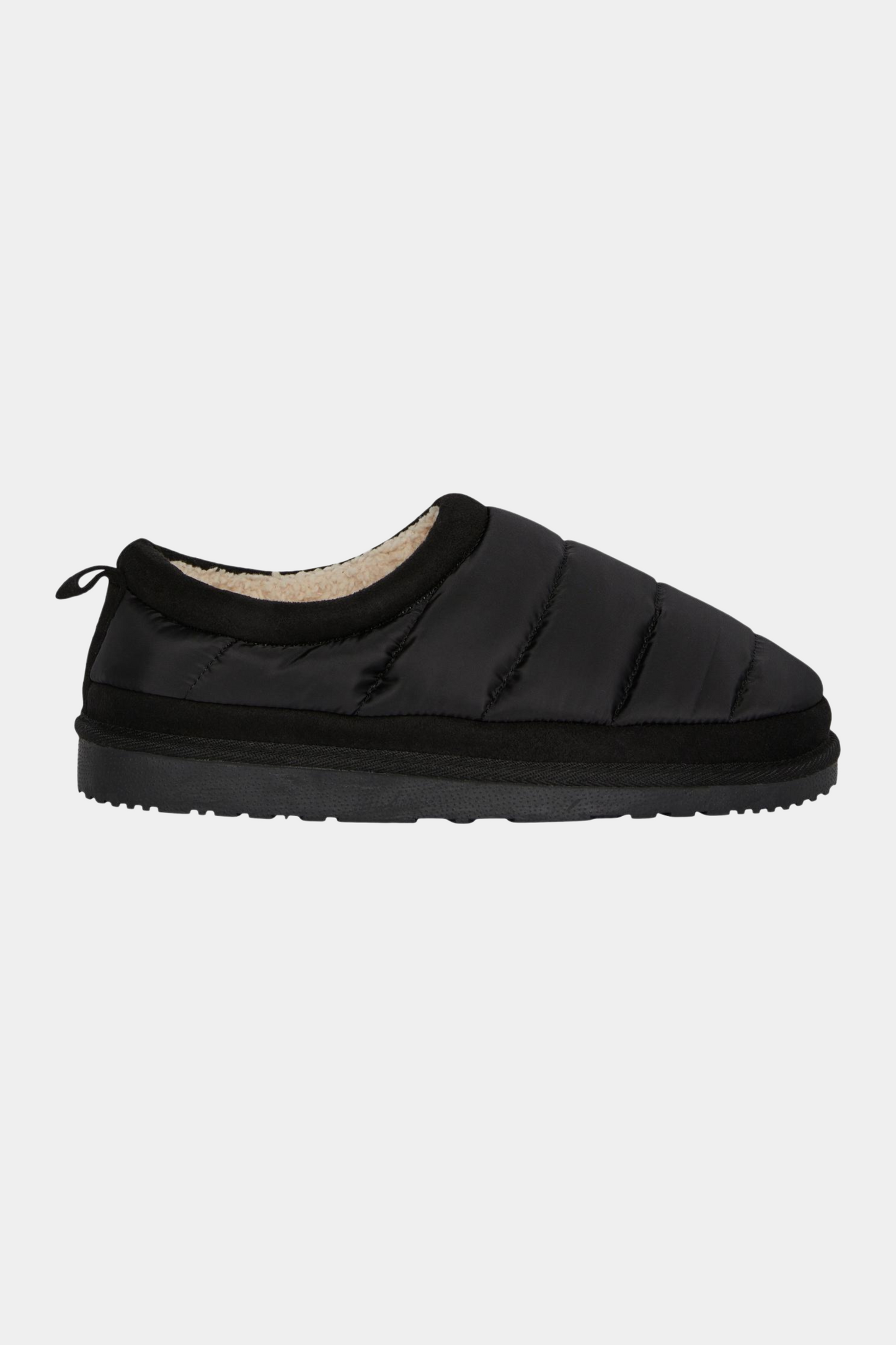 slipper, hjemmesko, slip ins, quilted, ankel, sort, black, blød, foret, teddy, nylon, cool, rå, hverdag, kvinde, dame, woman, varm, warm