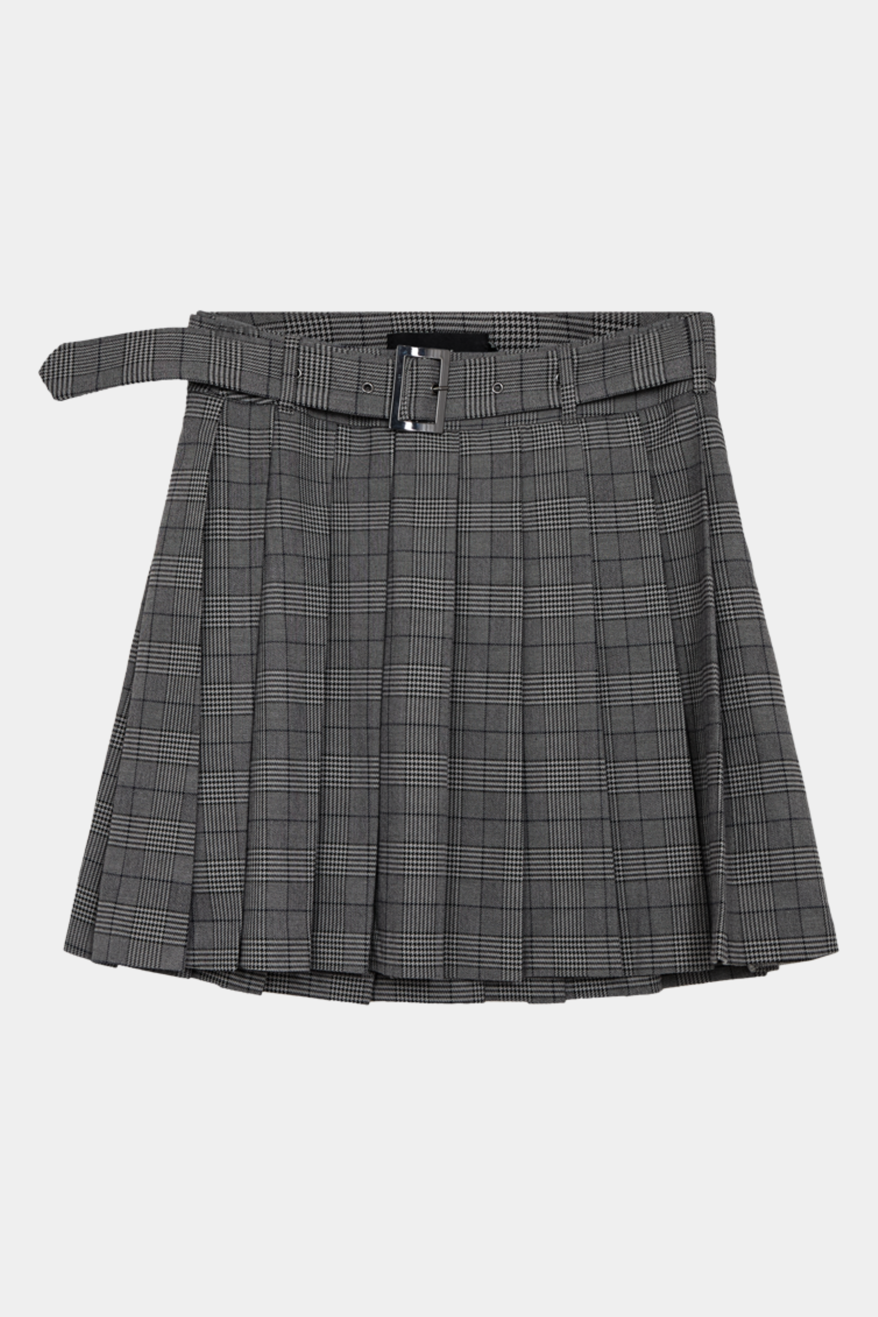 Fin, smuk, elegant, klassisk, staple, feminin, pæn, rå, cool, sej, unik, musthave, hverdag, fest, kvinde, dame, woman, nederdel, skirt, kort, short, knælang, plisseret, pleat, plisse, tern, chech, checkered, ternet, bælte, college, grå, grey, mørkegrå, melange, staple, klasssisk