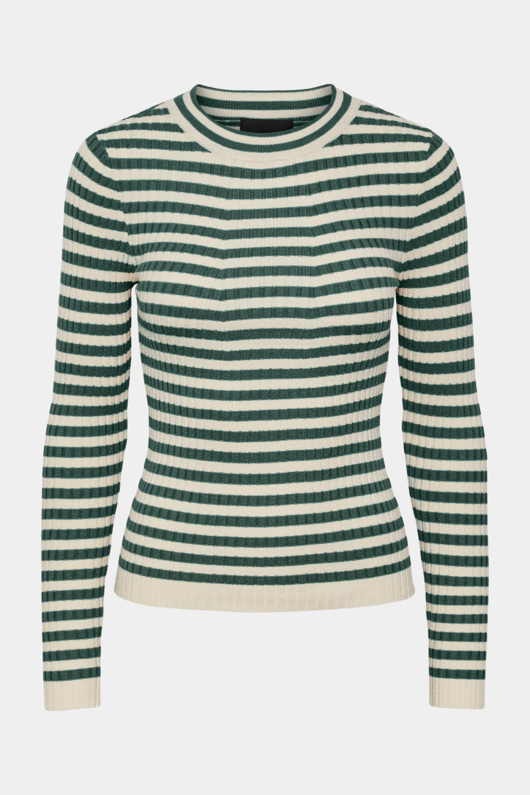bluse, blouse, shirt, langærmet, strik, knit, strikbluse, pullover, striktrøje, tætsiddende, strams stribet, striber, stripe, grøn, green, råhvid, off white, blød, soft, rib, ribbet, ribstrikket, varm, hverdag, soft, blød, stretch, kvinde, dame, woman