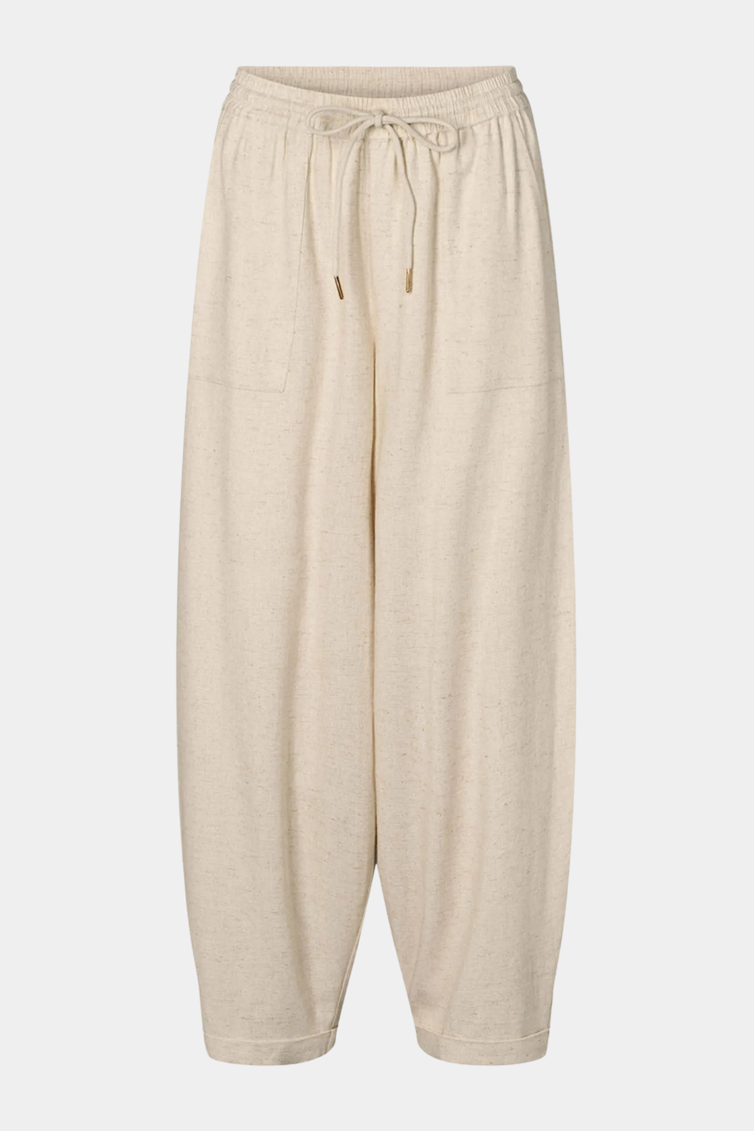 buks, bukser, pants, hør, lette, luftig, beige, bindebånd, Fin, smuk, elegant, klassisk, feminin, pæn, rå, cool, sej, unik, musthave, hverdag, fest, linen, løs, loose, boxy, gulerodsbuks, sommerbuks, natur, meleret, melange