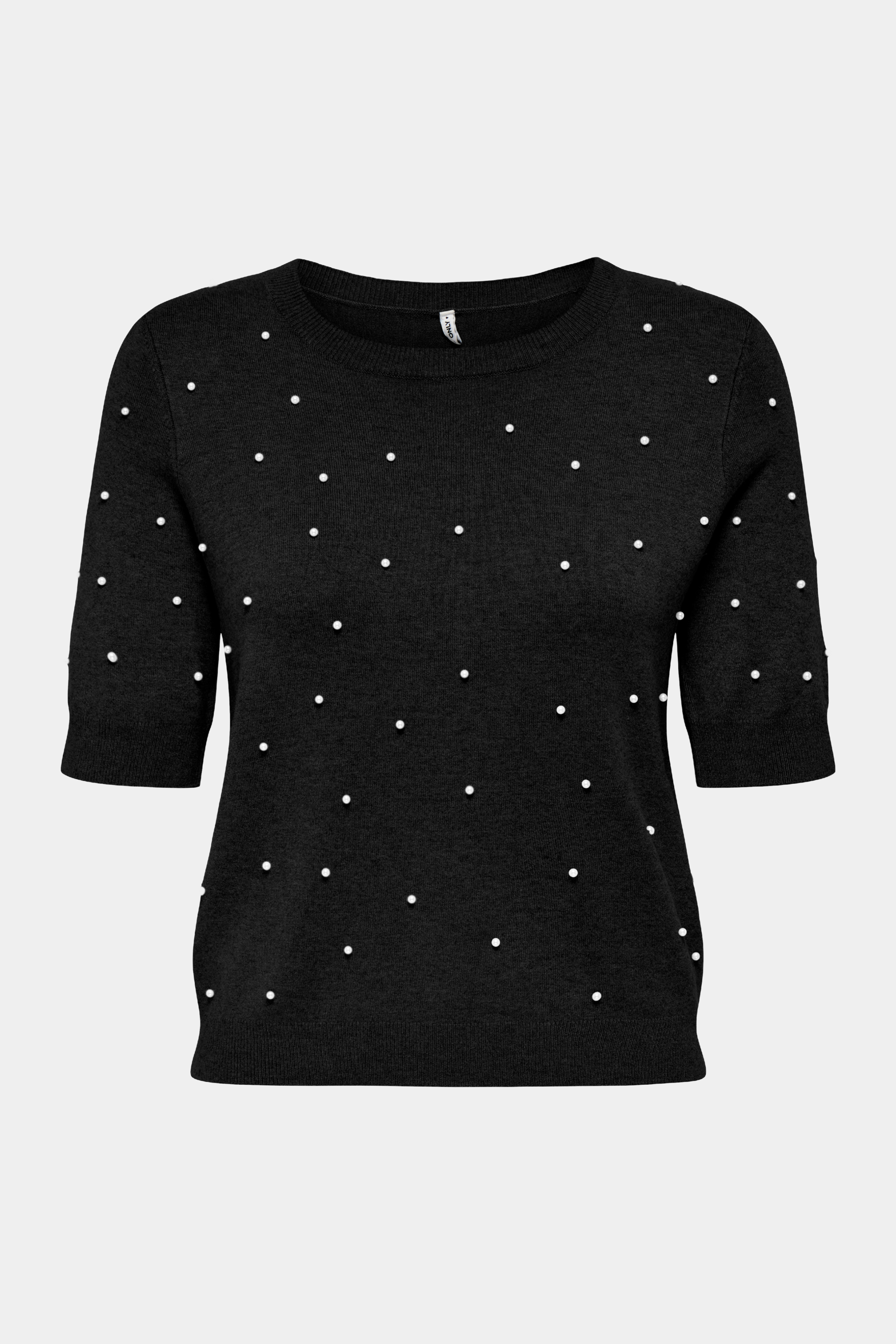 Fin, smuk, elegant, klassisk, staple, feminin, pæn, rå, cool, sej, unik, musthave, hverdag, fest, kvinde, dame, woman, strik, knit, bluse, pullover, kortærmet, trøje, blød, soft, perler, pearls, embellished, sort, black, lysegrå, let, sommerstrik kvinde, dame, woman