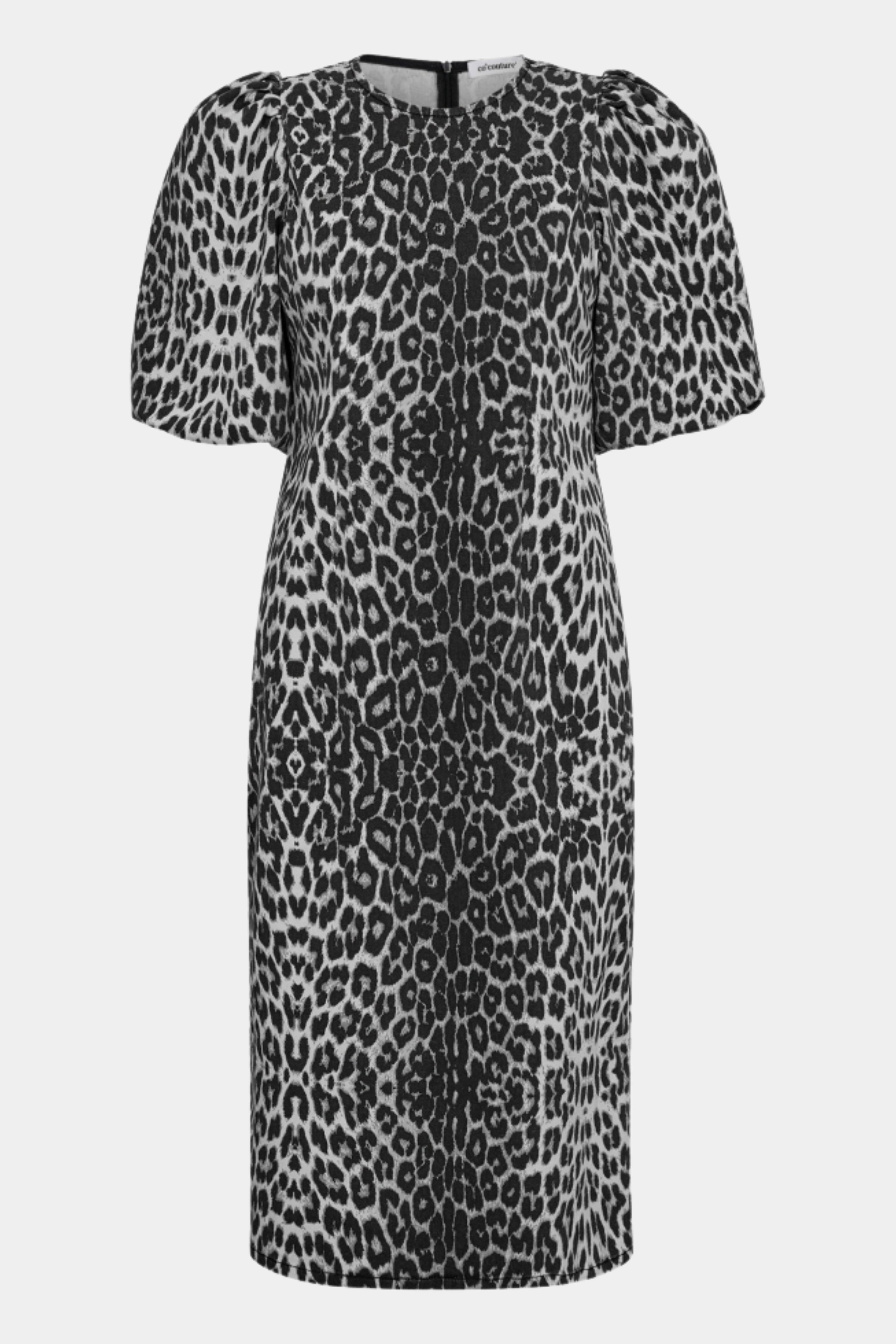 kjole, dress, midi, maxi, denim, leo, leopard, animal, dyreprint, grå, grey, purærmer, tætsiddende, elegant, fin, feminin, fest, festkjole, kvinde, dame, woman