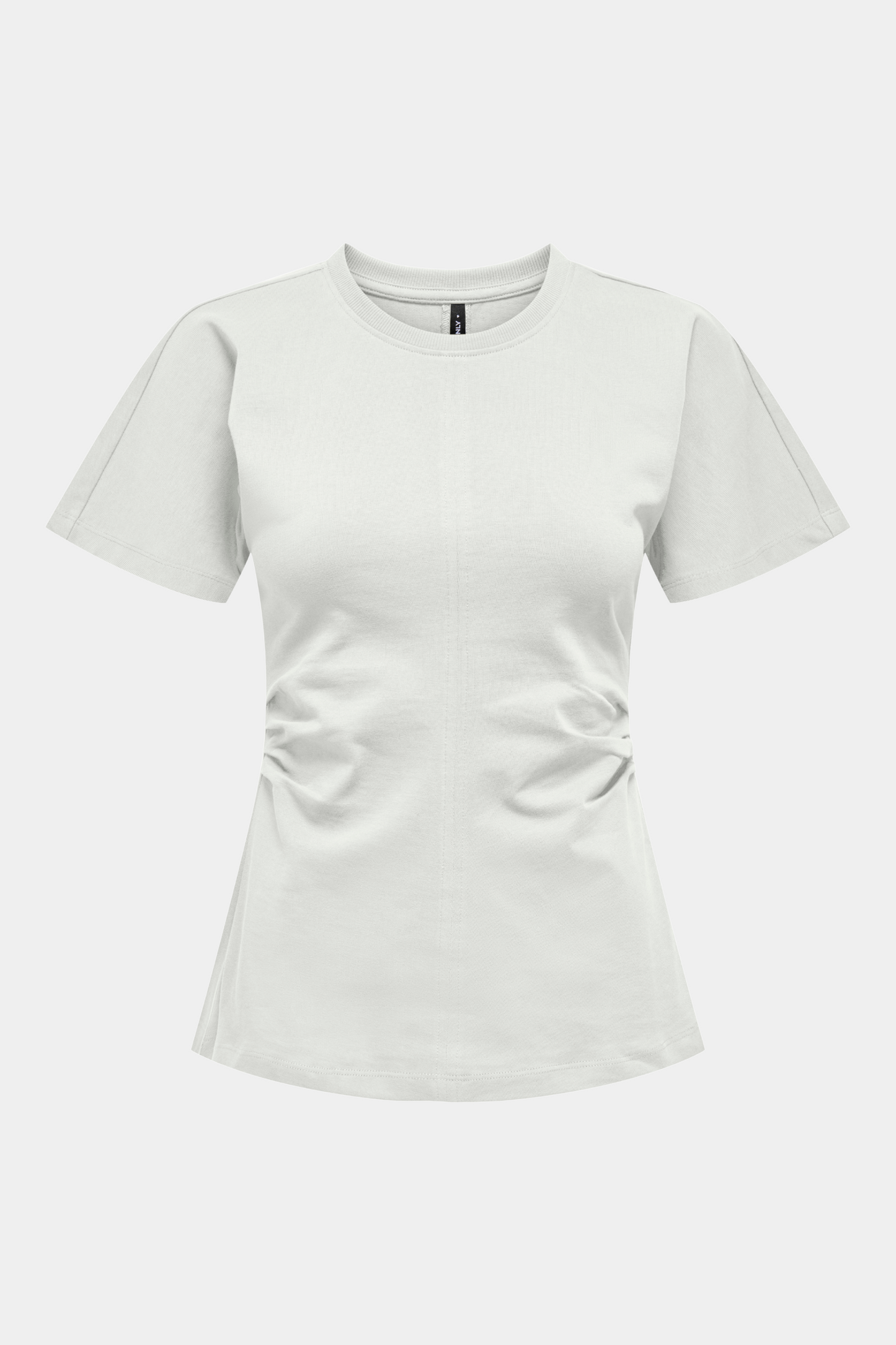 Fin, smuk, elegant, klassisk, staple, feminin, pæn, rå, cool, sej, unik, musthave, hverdag, fest, kvinde, dame, woman, t-shirt, tee, kortærmet, short sleeve, white, off white, creme, råhvid, ruching, rynk, rynke, talje, klassisk, basic, basis