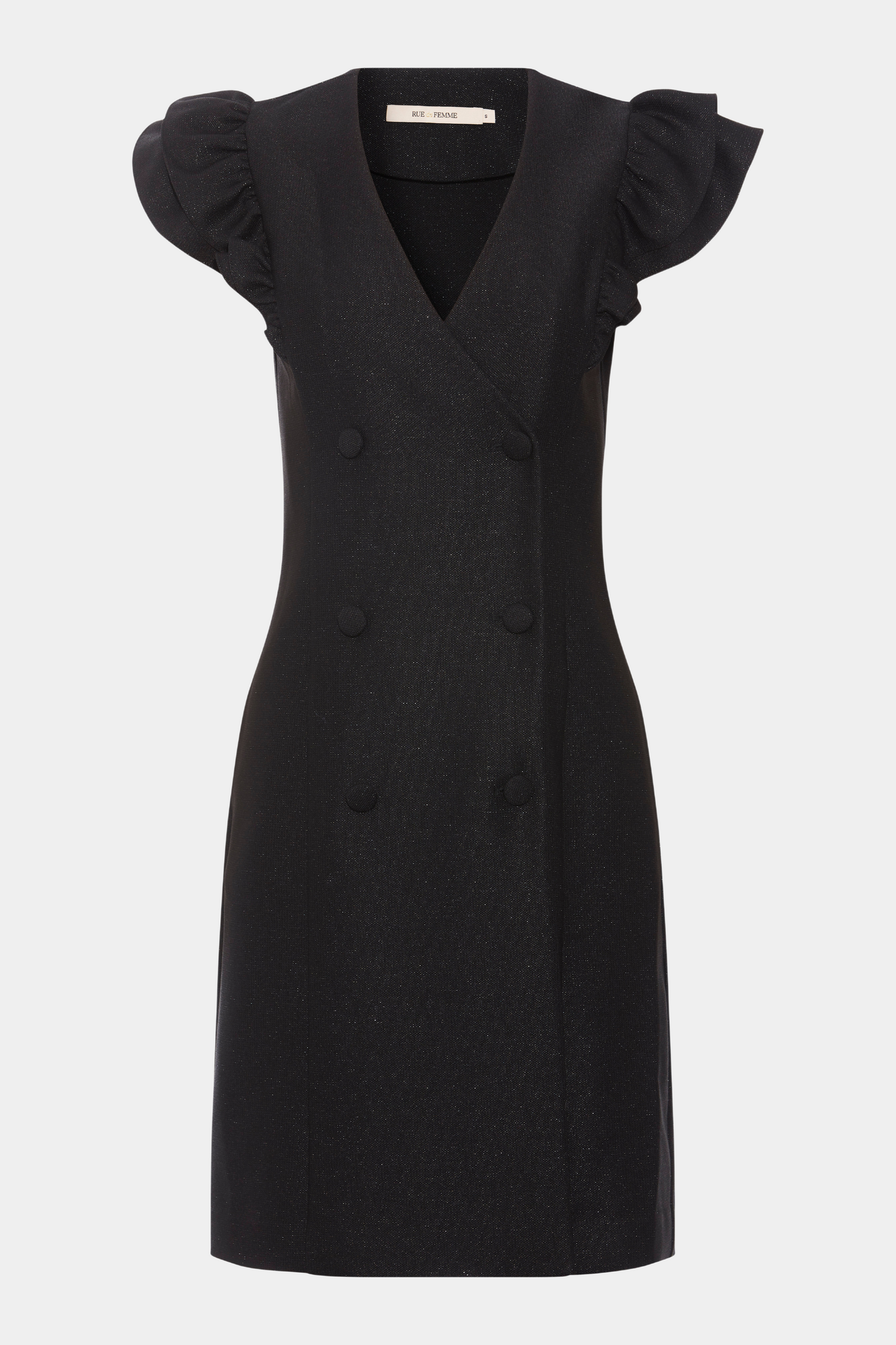 kjole, dress, midi, mini, knælang, tætsiddende, tight, stram, figursyet, faconsyet, stretch, stretchy, black, sort, glitter, glimmer, flæser, flæse, kortærmet, ærmeløs, v-hals, fest, festkjole, elegant, fin, feminin, hverdag, kvinde, dame, woman