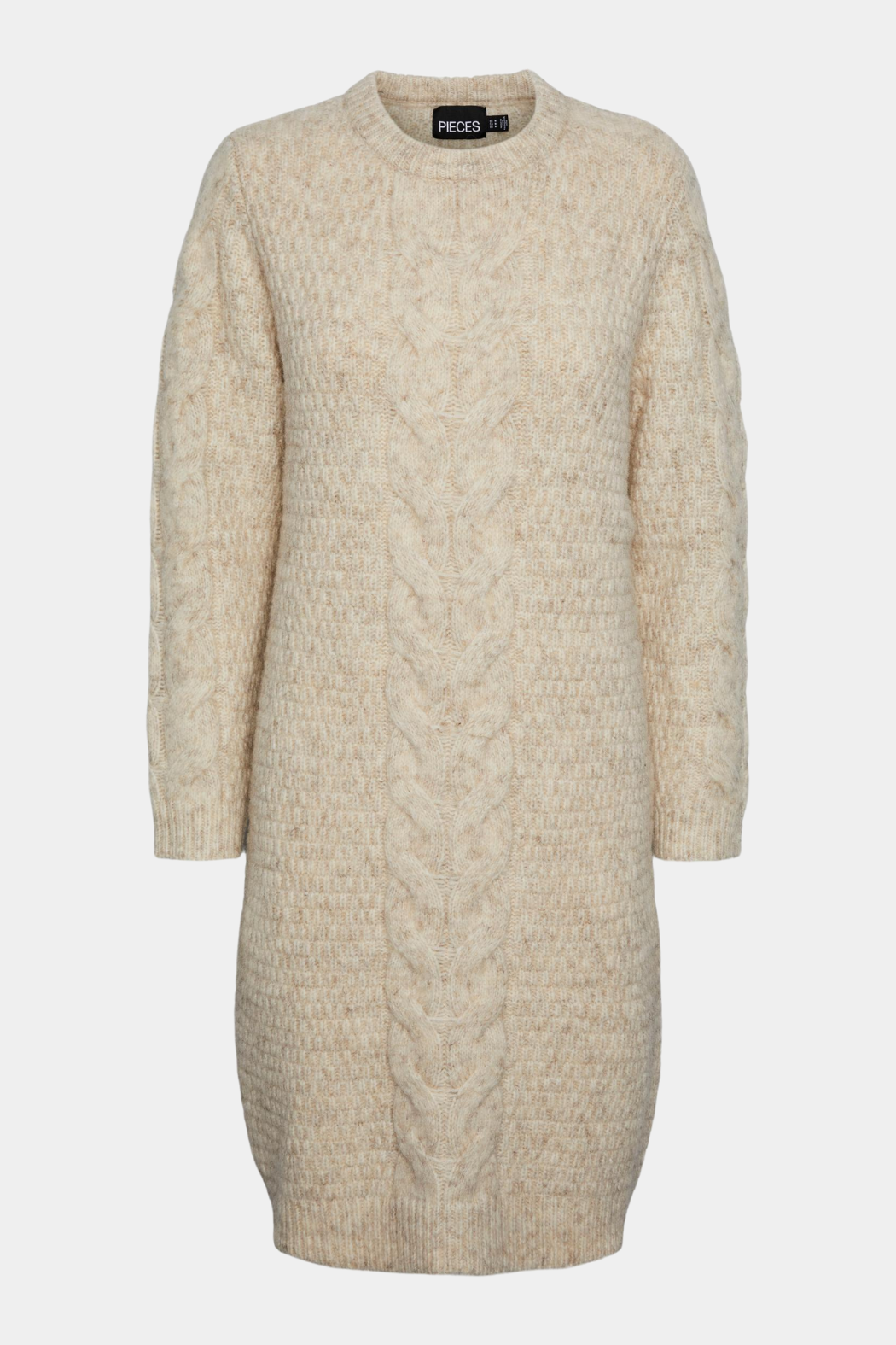 kjole, dress, strikkjole, knit dress, langærmet, rib, mønster, kabelstrik, blød, soft, beige, meleret, melange, lys, light, winter, vinter, varm, fin, feminin, hverdag, kvinde, dame, woman