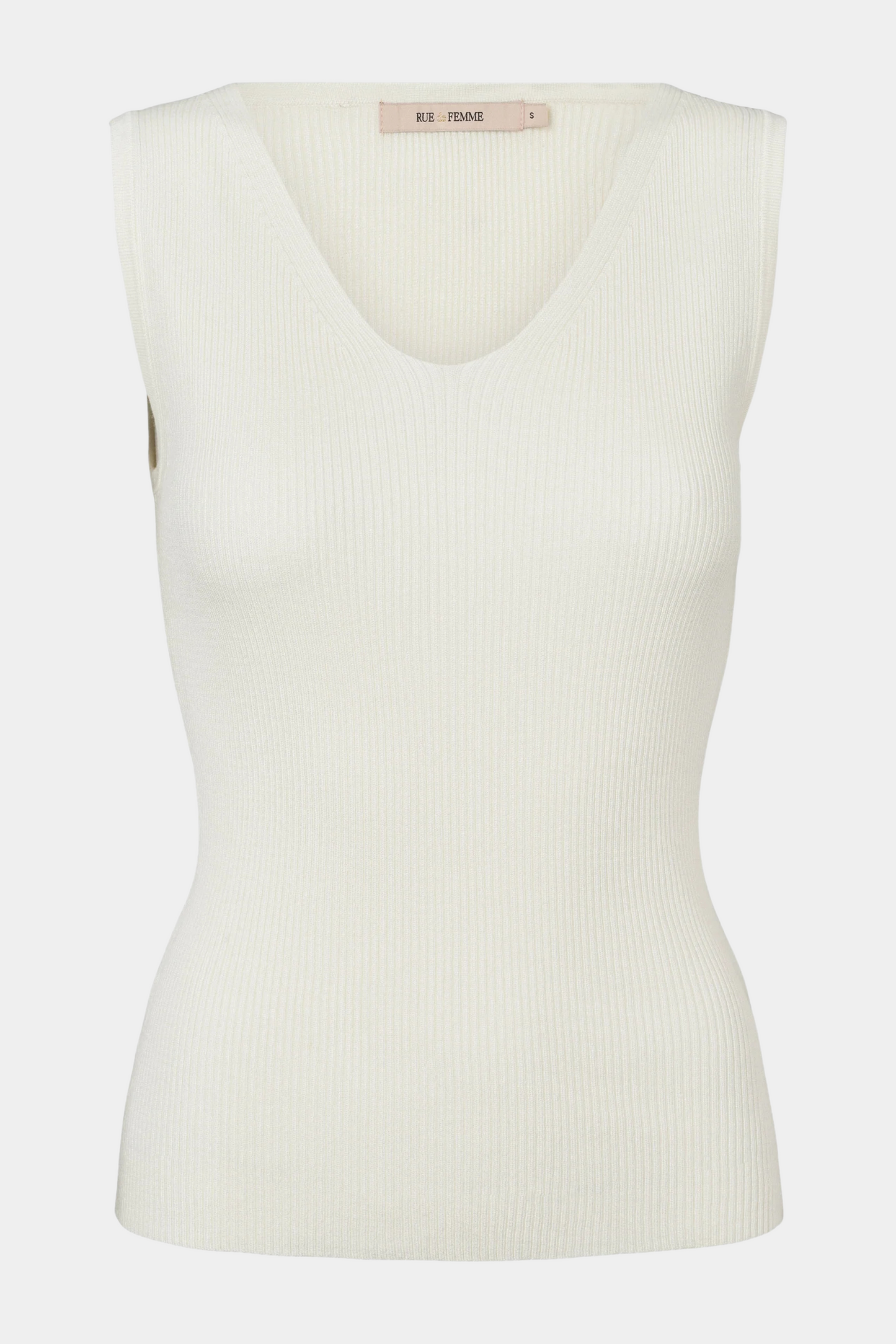 top, strik, knit, striktop, blød, soft, viskose, let, mønster, hvid, white, dyb udskæring, tætsiddende, stram, sommer, sommertop, staple, classic, simpel, basic, basis, elegant, fin, feminin, hverdag, fest
