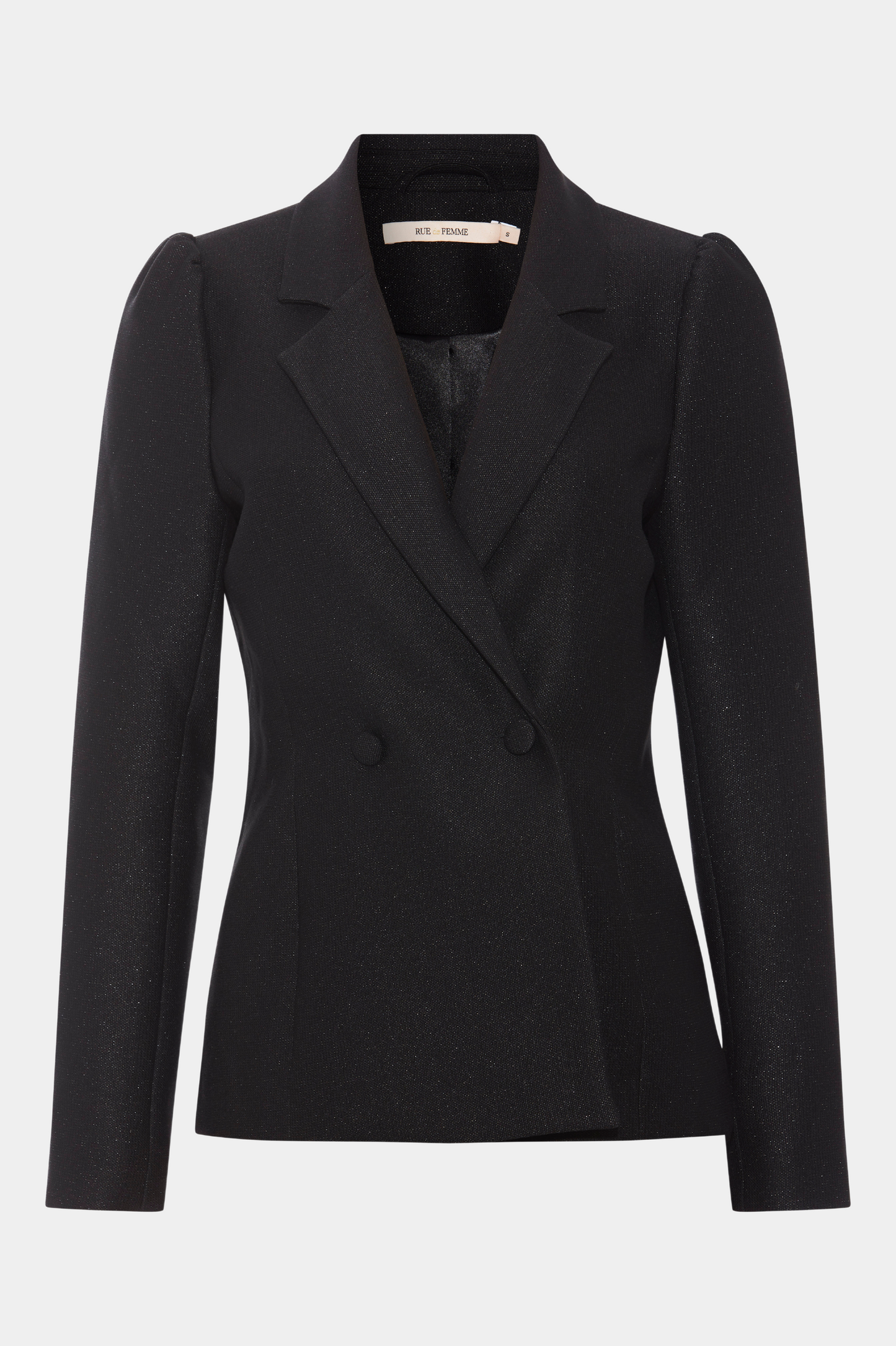 blazer, blazerjakke, habit, habitjakke, sort, black, glimmer, glitter, festers stretch, stretchy, dobbeltradet, figursyet, faconsyet, talje, elegant, fin, feminin, hverdag, fest, cool, rå, business, work, arbejde, kvinde, dame, woman