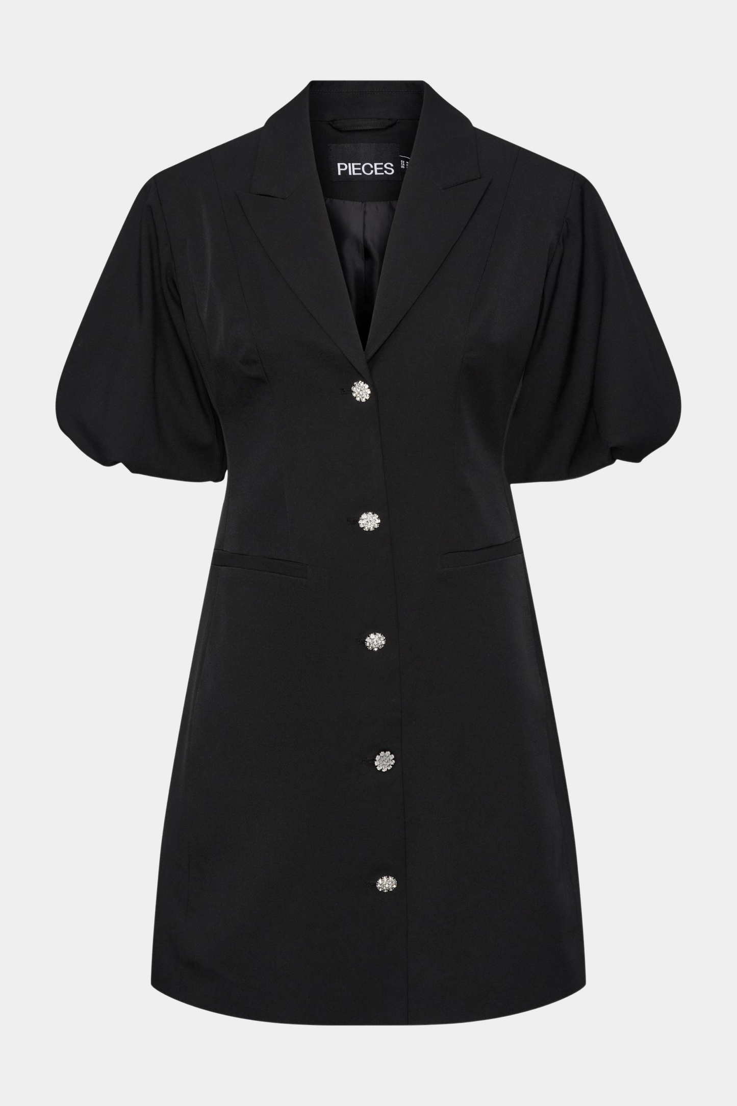 kjole, dress, blazer, blazerkjole, tailored, tailor, figures, faconsyet, kortærmet, pufærmer, krave, revers, simili, zirkon, sten, glimmer, glitter, kort, short, mini, midi, tætsiddende, sort, black, elegant, fin, feminin, klassisk, staple, hverdage, fest, kvinde, dame, woman