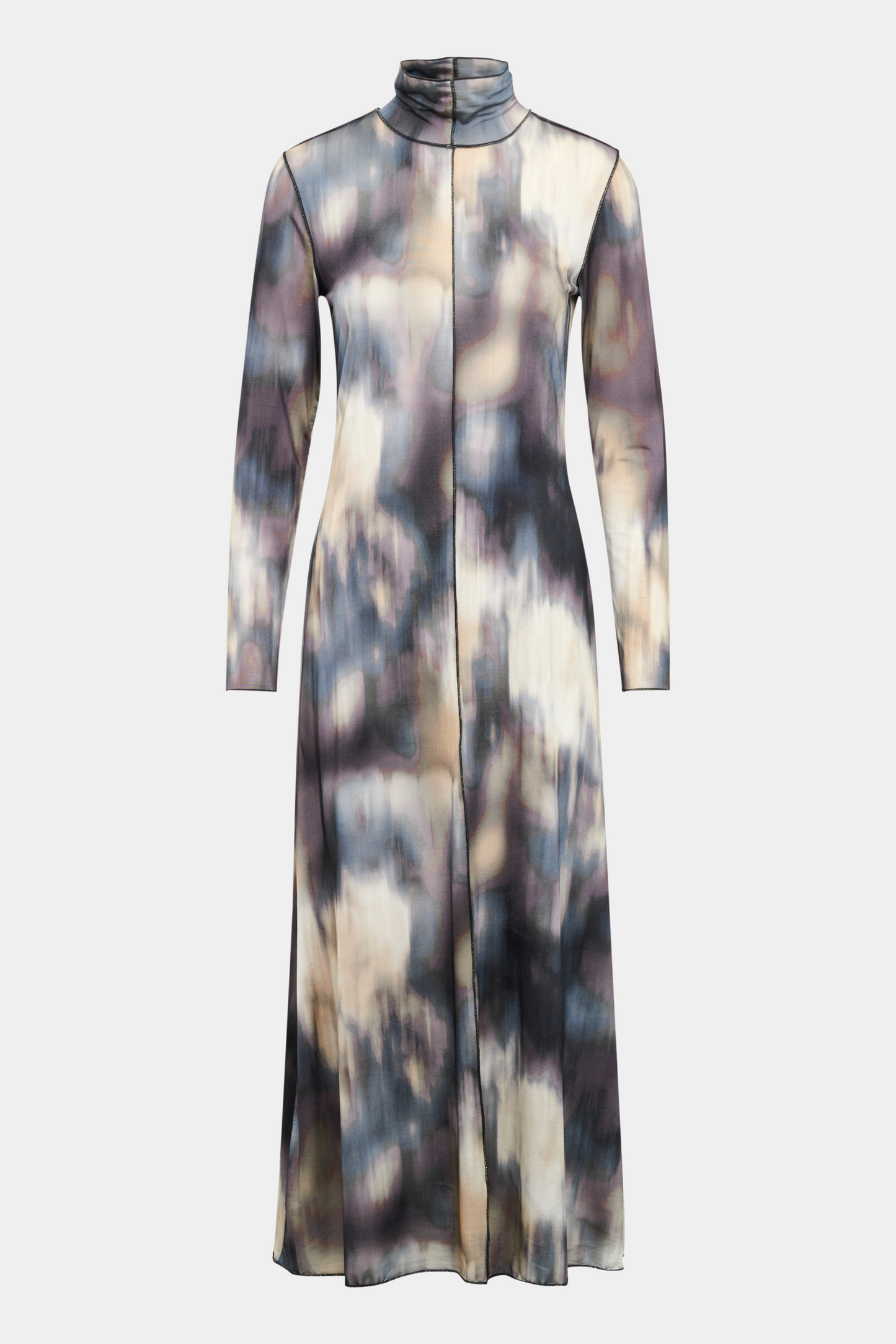 kjole, dress, jersey, stretch, elastik, blød, soft, print, watercolor, turtle neck, langærmet, tætsiddende, tight, stram, lang, long, maxi, elegant, fin, feminin,hverdag, fest, kvinde, dame, woman