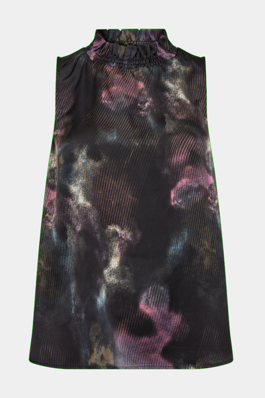 top, overdel, print, højhals, flæse, flæser, uden ærmer, blank, satin, fin, smuk, elegant, klassisk, feminin, pæn, rå, cool, sej, unik, musthave, hverdag, fest