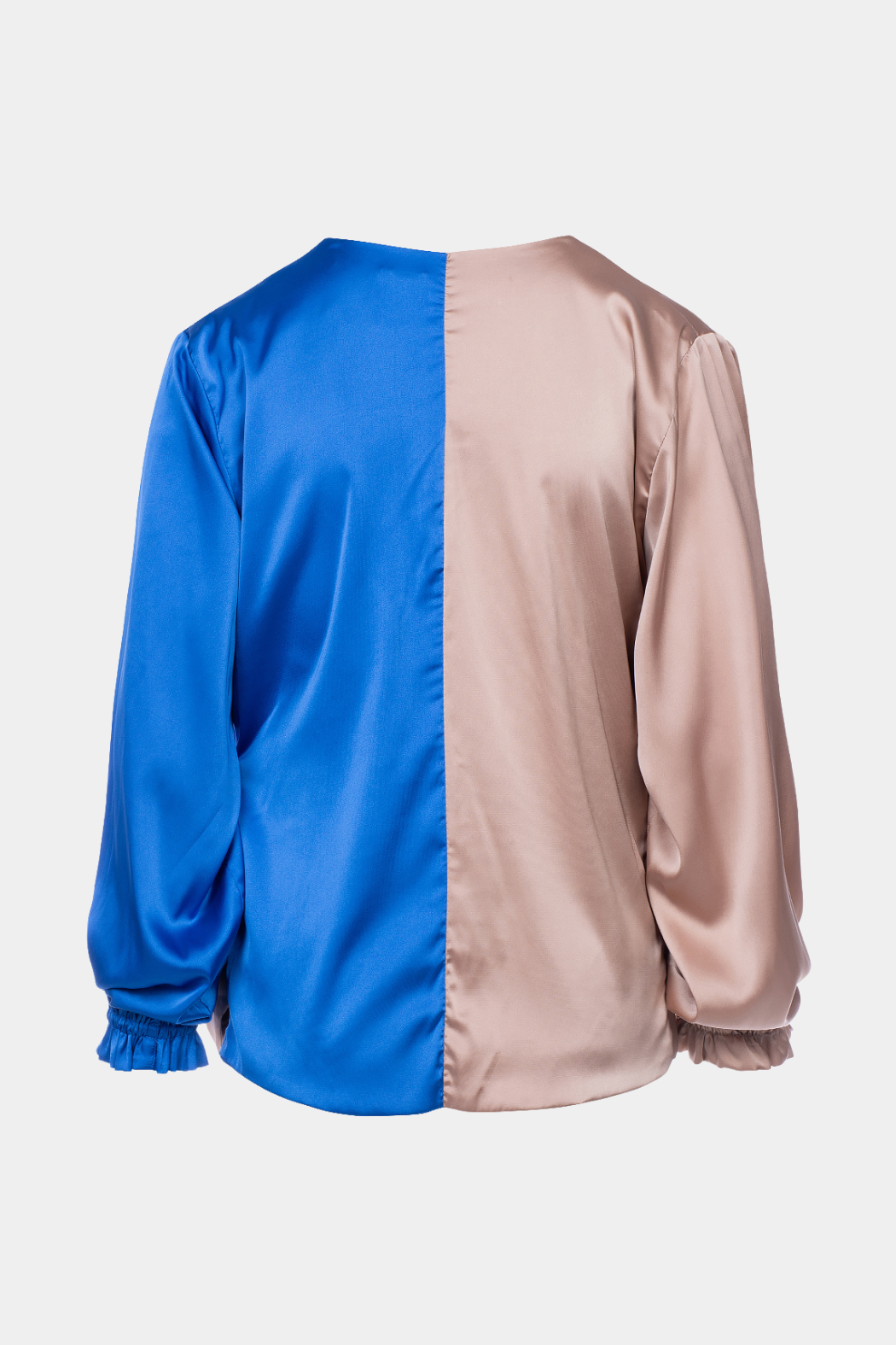 bluse, top, overdel, wrap, slåom, colorblok, tofarvet, sand, blå, silke, satin, shiny, bindebånd, fin, smuk, elegant, klassisk, feminin, pæn, rå, cool, sej, unik, musthave, hverdag, fest