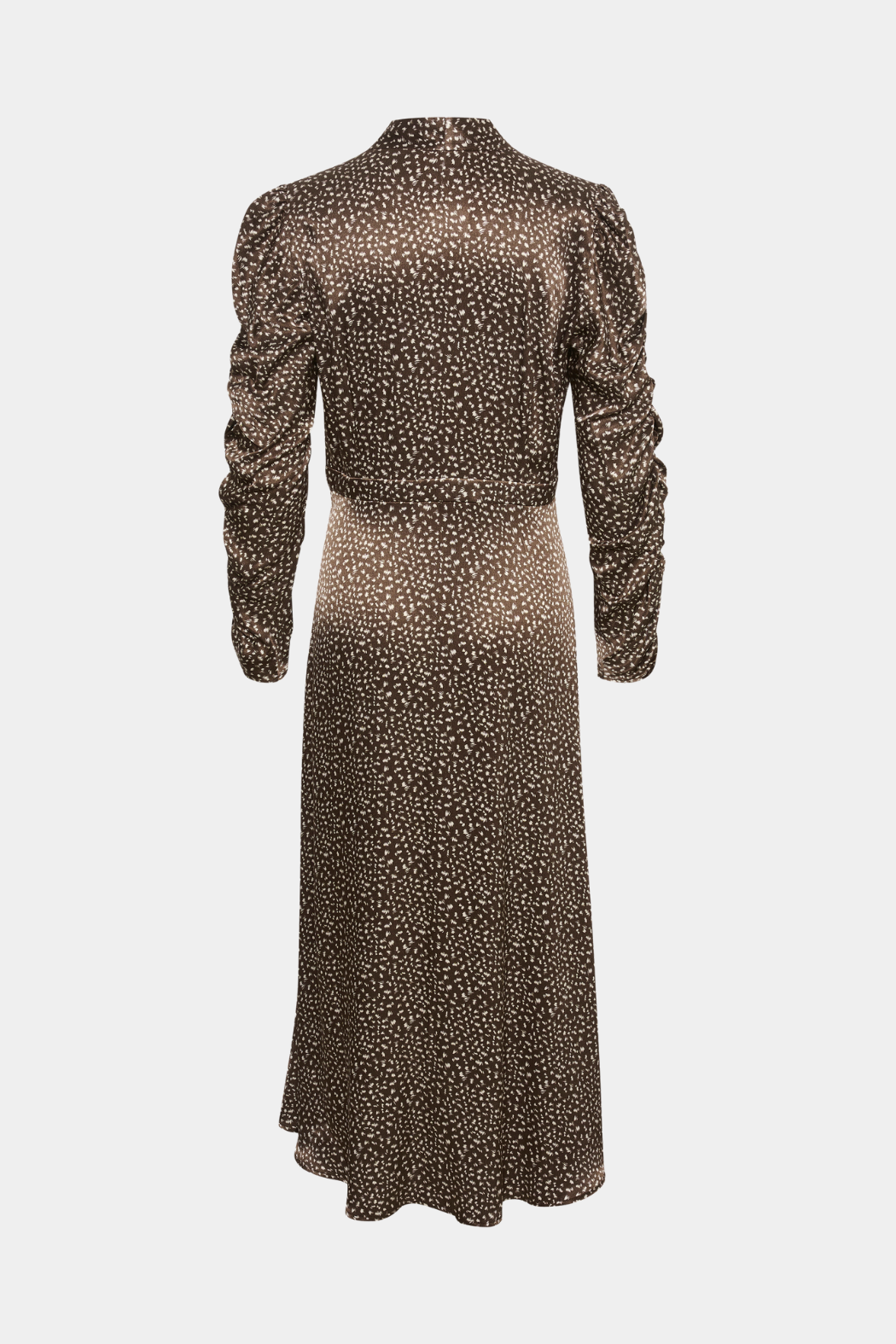 kjole, dress, festlig, brun, prikker, mønster, print, shiny, blank, viskose, wrap, slåom, rynker, fin, smuk, elegant, klassisk, feminin, pæn, rå, cool, sej, unik, musthave, hverdag, fest