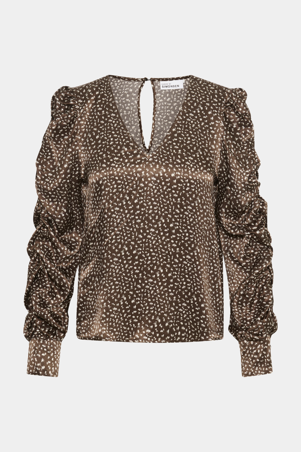 bluse, blouse, skjorte, shirt, vudskæring, vhals, brun, print, mønster, prikker, knap, rynk, rynker, fin, smuk, elegant, klassisk, feminin, pæn, rå, cool, sej, unik, musthave, hverdag, fest