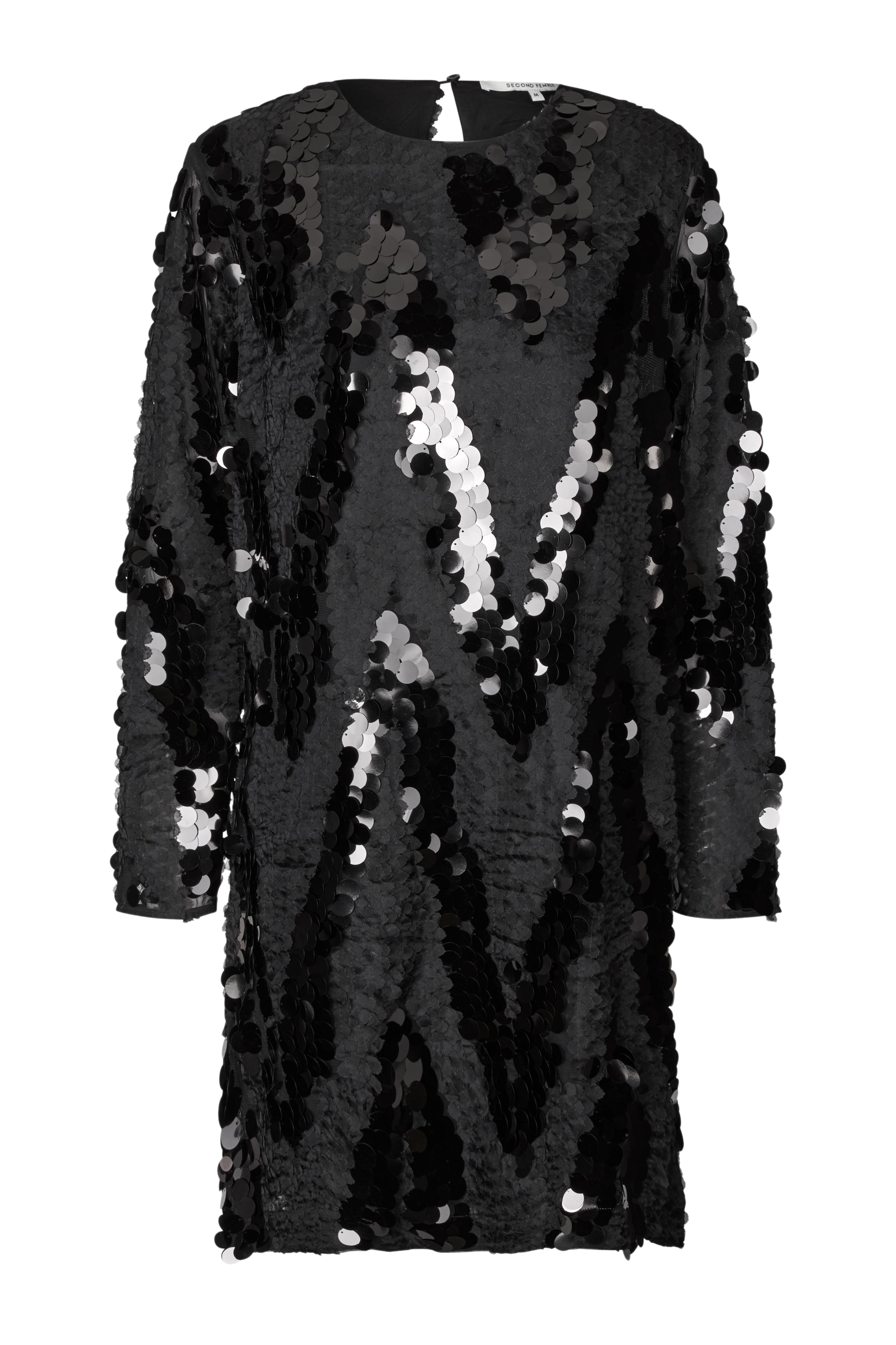 Fin, smuk, elegant, klassisk, staple, feminin, pæn, rå, cool, sej, unik, musthave, hverdag, fest, kvinde, dame, woman, kjole, dress, pailletter, glimmer, glitter, mat, blank, langærmet, løs, loose, festkjole, nytår, jul, christmas