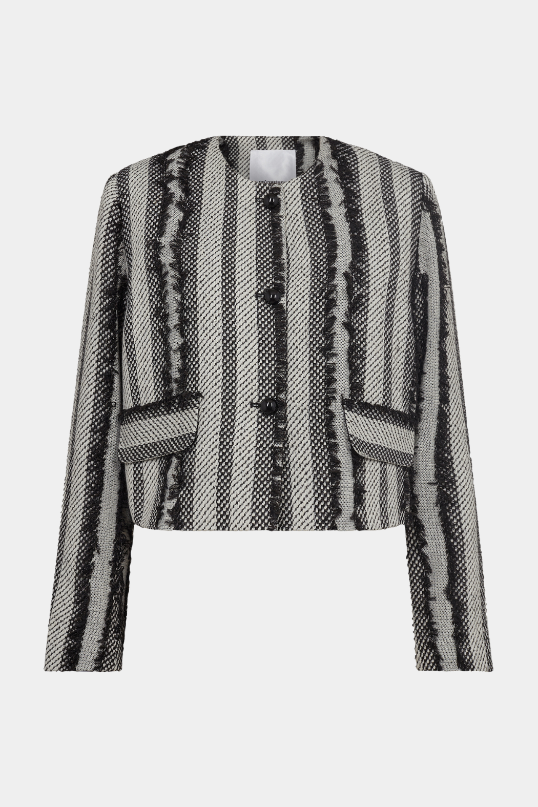 jakke, frakke, overdel, boucle, stribe, stribet, knapper, frynser, sort, hvid, mønster, print, fin, smuk, elegant, klassisk, feminin, pæn, rå, cool, sej, unik, musthave, hverdag, fest