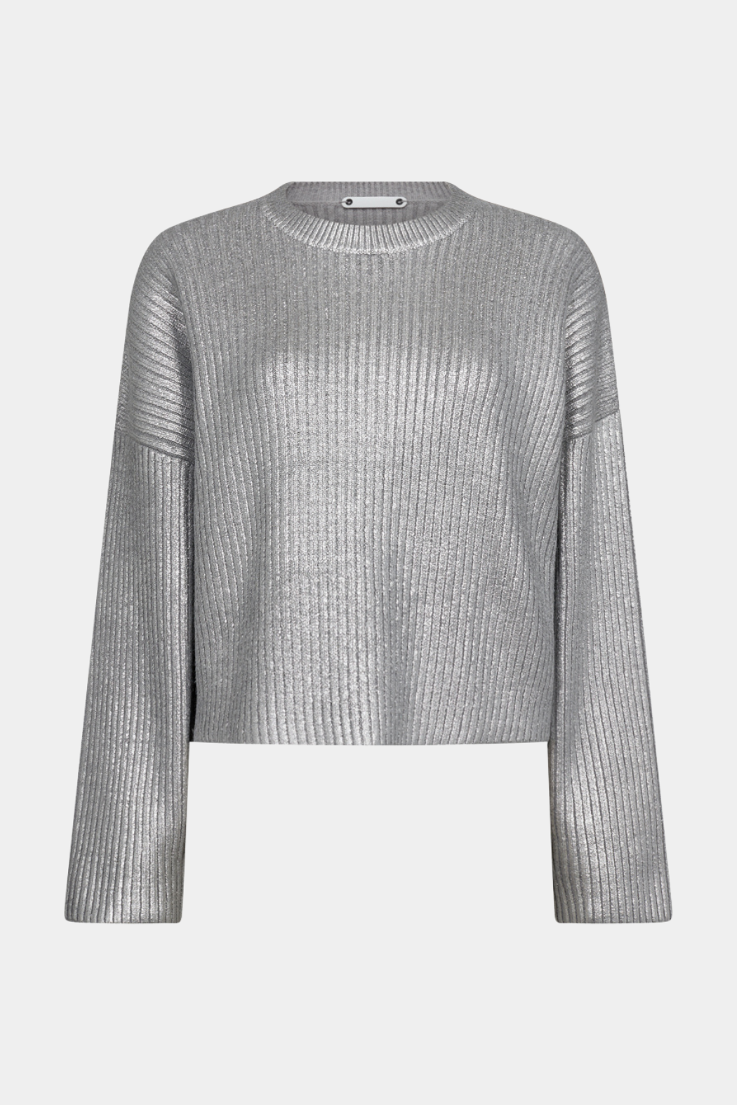 strik, knit, bluse, pullover, oversize, cropped, kort, bred, stor, sølv, silver, metal, metallic, skinnende, rib, strikket, rundhals, fin, smuk, elegant, klassisk, feminin, pæn, rå, cool, sej, unik, musthave, hverdag, fest