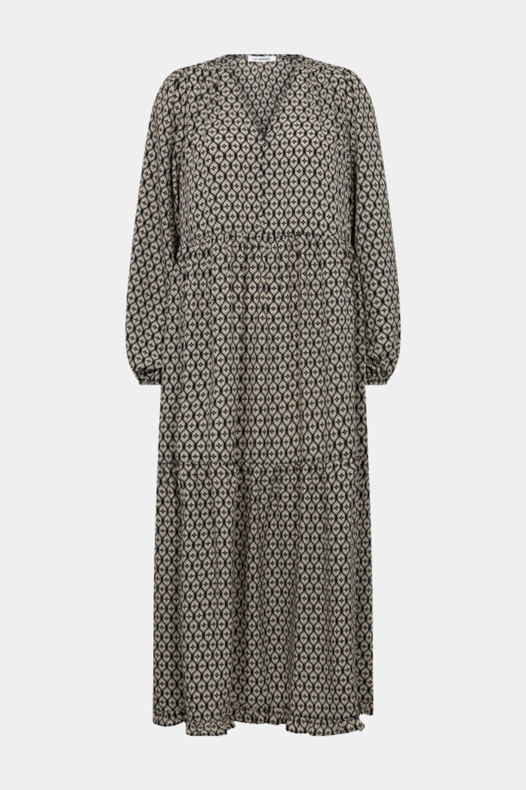 kjole, dress, maxi, maxikjole, maxidress, lang, print, sort, creme, beige, fin, smuk, elegant, klassisk, feminin, pæn, rå, cool, sej, unik, musthave, hverdag, fest