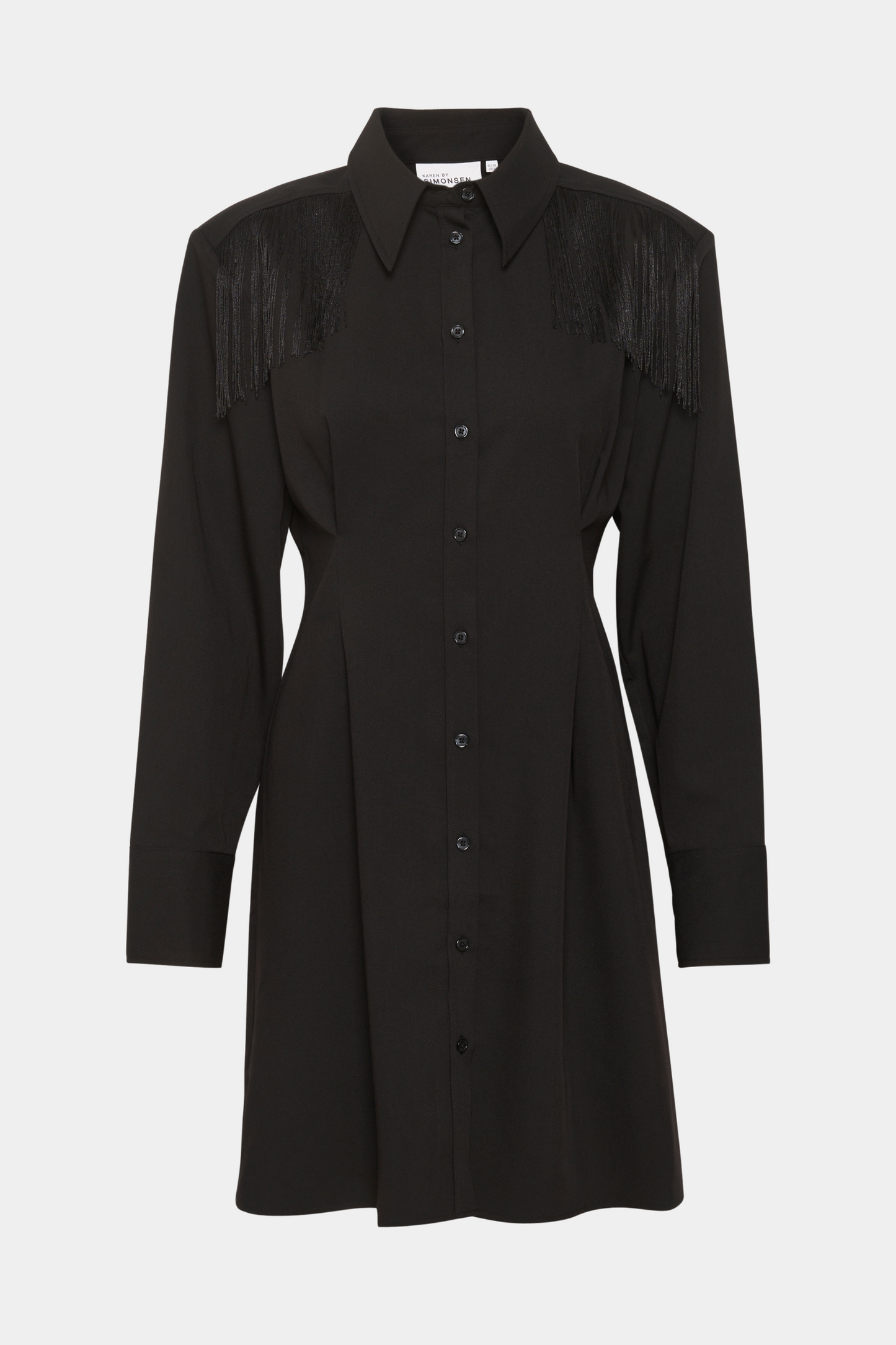 kjole, dress, midi, taljeret, talje, facon, tætsiddende, stram, frynse, frynser, snore, krave, sort, black, blank, skinnende, fin, smuk, elegant, klassisk, feminin, pæn, rå, cool, sej, unik, musthave, hverdag, fest