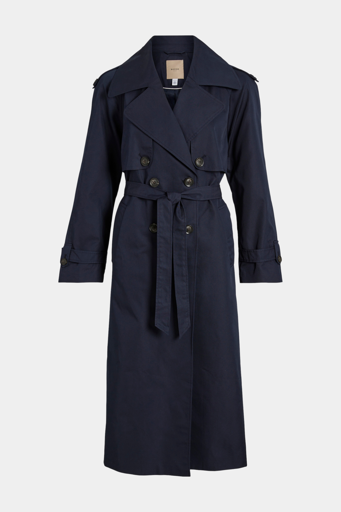 jakke, frakke, coat, jacket, trenchcoat, dobbeltradet, knapper, bindebånd, krave, habit, lang, blå, navy, mørkeblå, foer, forårsjakke, stilet, fin, smuk, elegant, klassisk, feminin, pæn, rå, cool, sej, unik, musthave, hverdag, fest, forår, sommer, efterår,