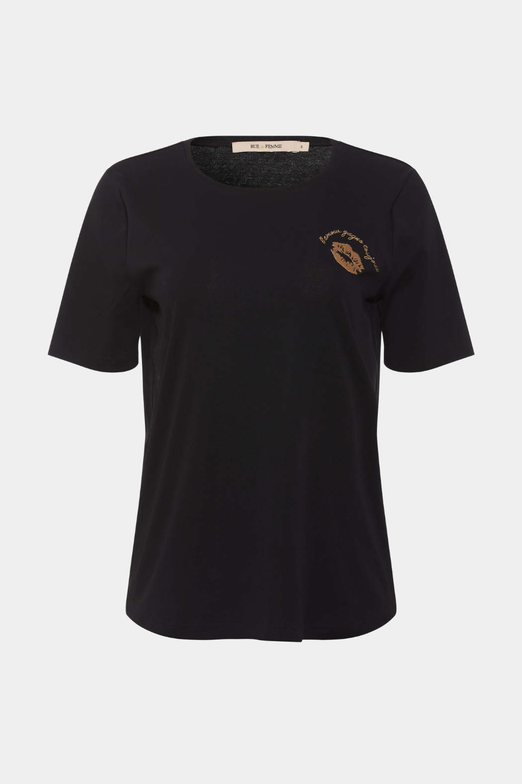 tee, tshirt, overdel, bluse, trøje, sort, black, tryk, print, kys, kysmund, læbe, læber, melange, kortærmet, let, luftig, fin, smuk, elegant, klassisk, feminin, pæn, rå, cool, sej, unik, musthave, hverdag, fest
