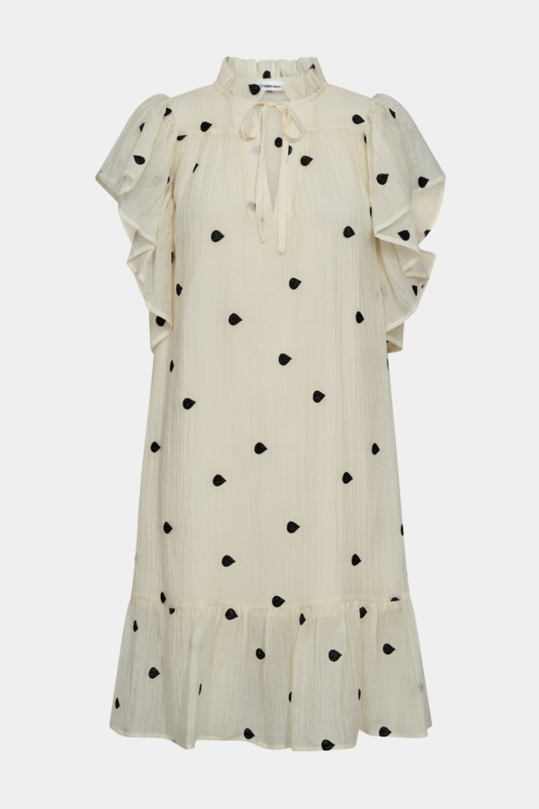 kjole, dress, midi, mellem, chiffon, transparent, gennemsigtig, let, luftig, flæse, flæser, broderi, broderet, brodering, dråbe, dråber, prikker, bindebånd, offwhite, hvid, råhvid, fin, smuk, elegant, klassisk, feminin, pæn, rå, cool, sej, unik, musthave, hverdag, fest