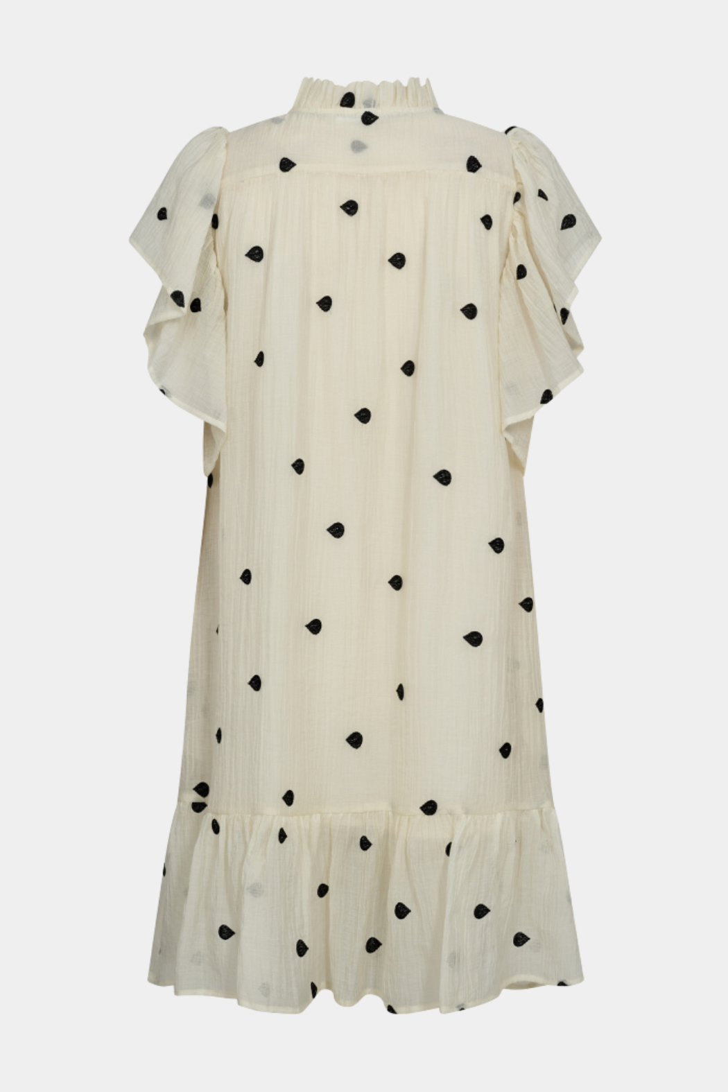 kjole, dress, midi, mellem, chiffon, transparent, gennemsigtig, let, luftig, flæse, flæser, broderi, broderet, brodering, dråbe, dråber, prikker, bindebånd, offwhite, hvid, råhvid, fin, smuk, elegant, klassisk, feminin, pæn, rå, cool, sej, unik, musthave, hverdag, fest