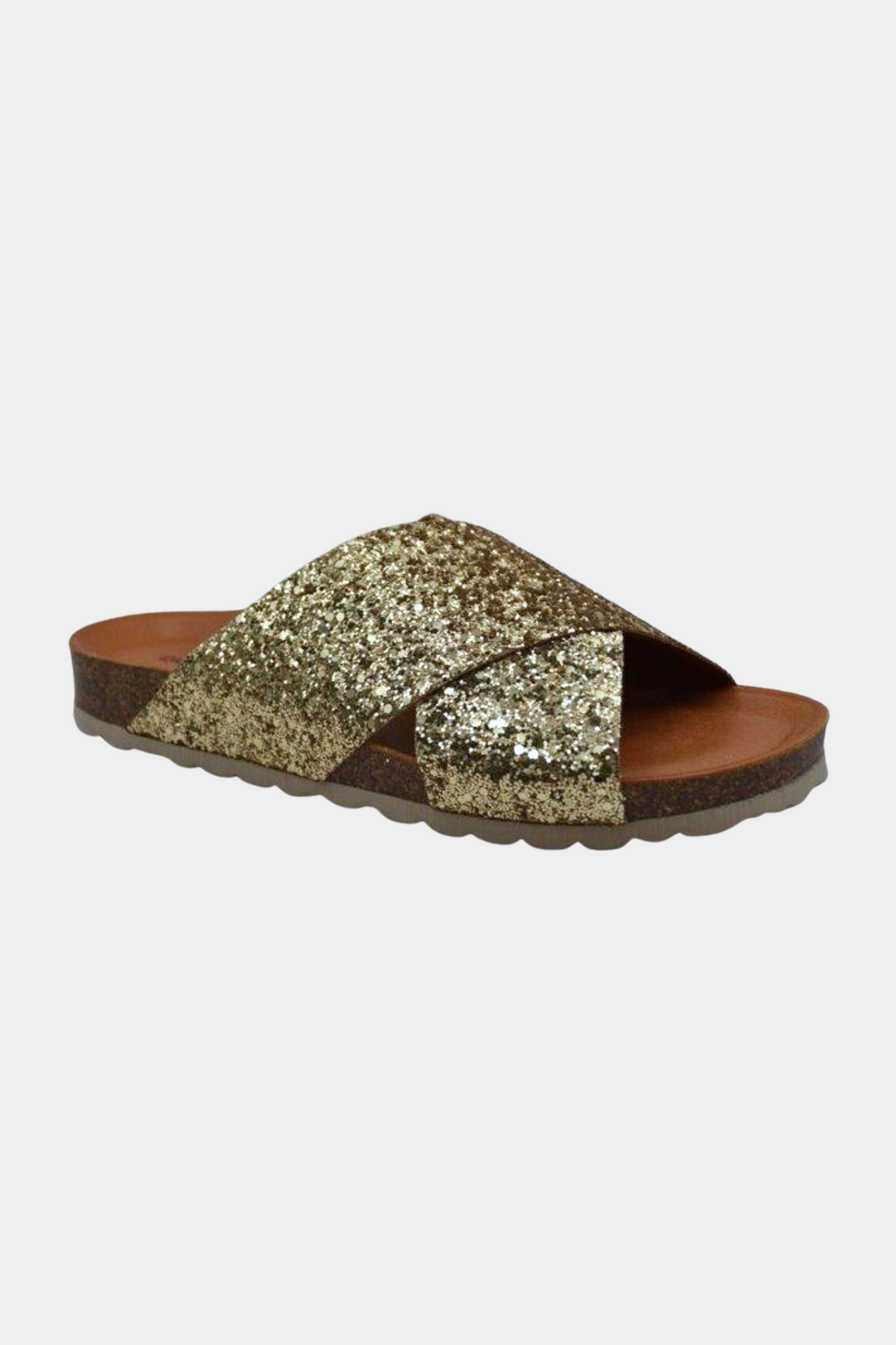 sandal, kork, cork, natur, brun, brown, glitter, glimmer, gold, guld, blød, soft, komfortabel, hverdag, sutsko, hjemmesko, klipklapper, slip in, læder, leather, skum, memory, kvinde, dame, woman, sommer, sommersandal