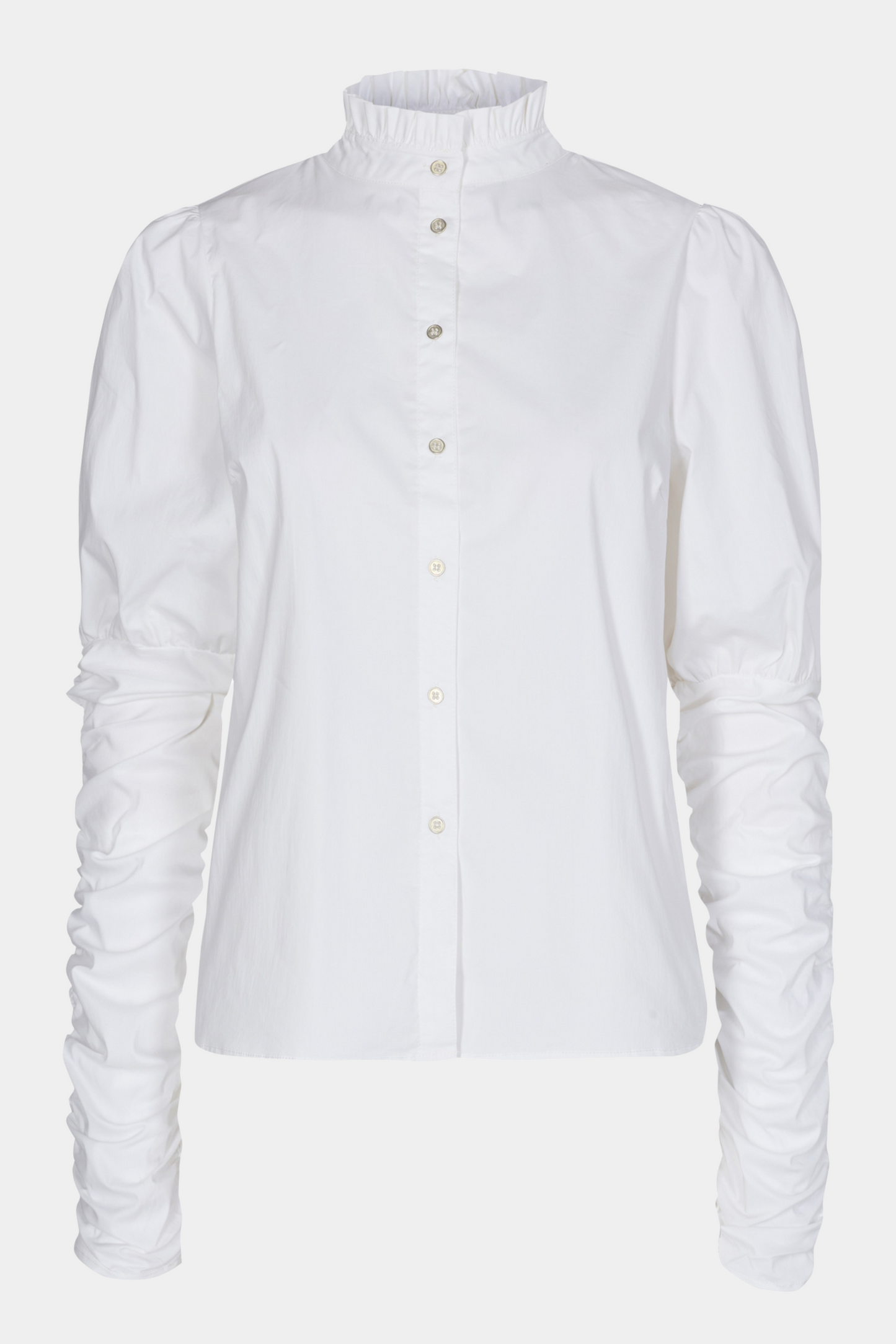 skjorte, shirt, skjortebluse, blouse, langærmet, hvid, white, bomuld, stretch, stretchy, smock, rynke, rynker, flæse, knapper, figursyet, faconsyet, strygefri, lækker, blød, elegant, fin, feminin, business, arbejde, work, staple, woman, dame, kvinde