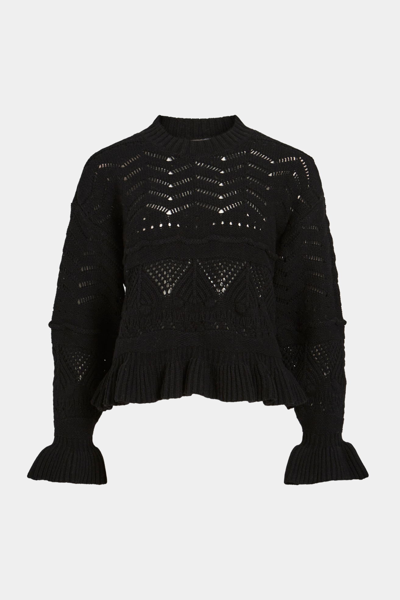 strik, knit, bluse, overdel, hulmønster, sort, black, flæse, flæser, bomuld, uld, fin, smuk, elegant, klassisk, feminin, pæn, rå, cool sej, unik, musthave, boheme, varm, hverdag, fest
