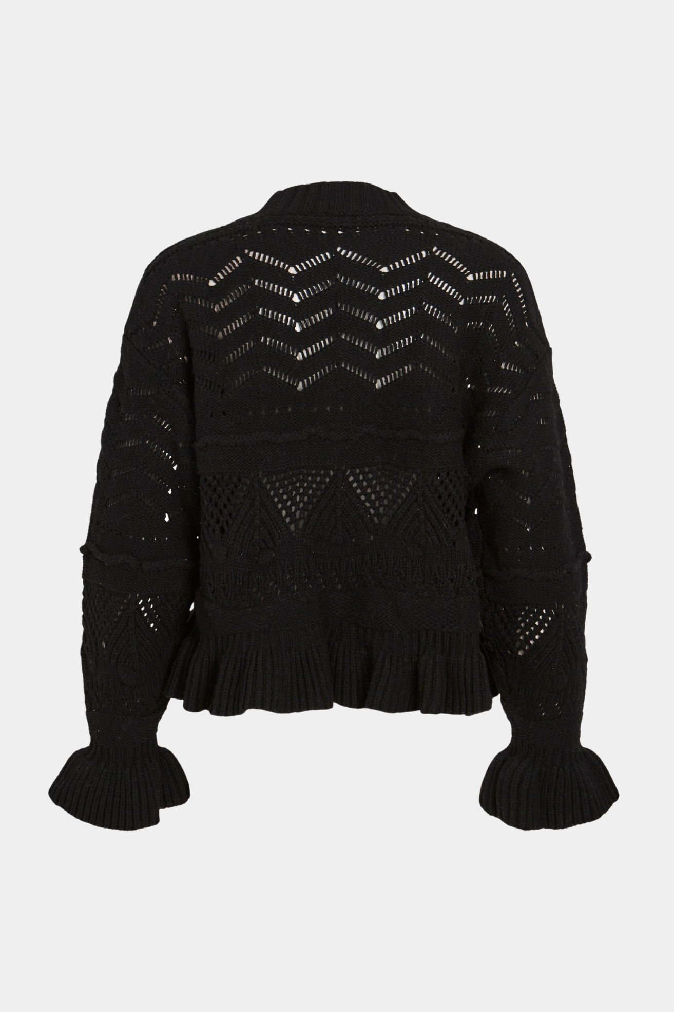 strik, knit, bluse, overdel, hulmønster, sort, black, flæse, flæser, bomuld, uld, fin, smuk, elegant, klassisk, feminin, pæn, rå, cool sej, unik, musthave, boheme, varm, hverdag, fest